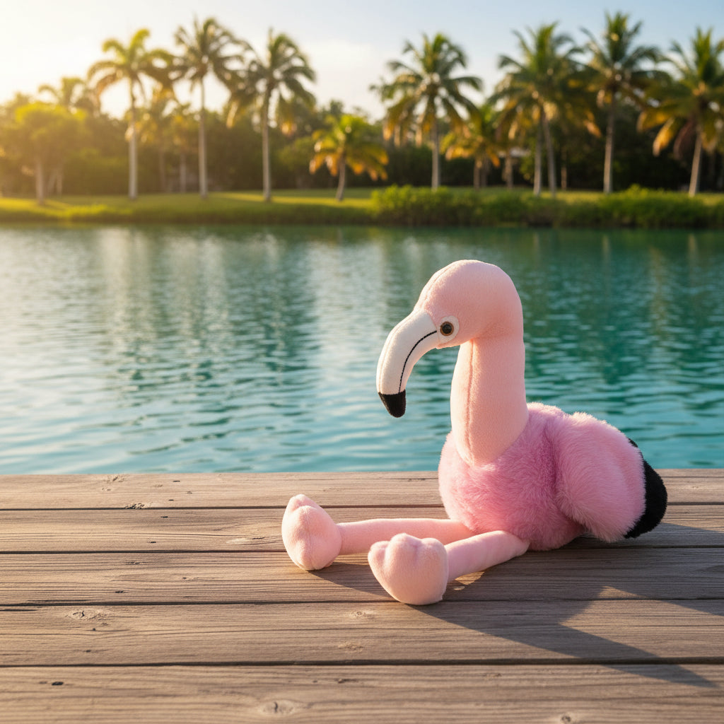 plush rosa flamingo stofftier mit weiß und schwarz beak und soft fluffy fur from minifeet flamingo fernando