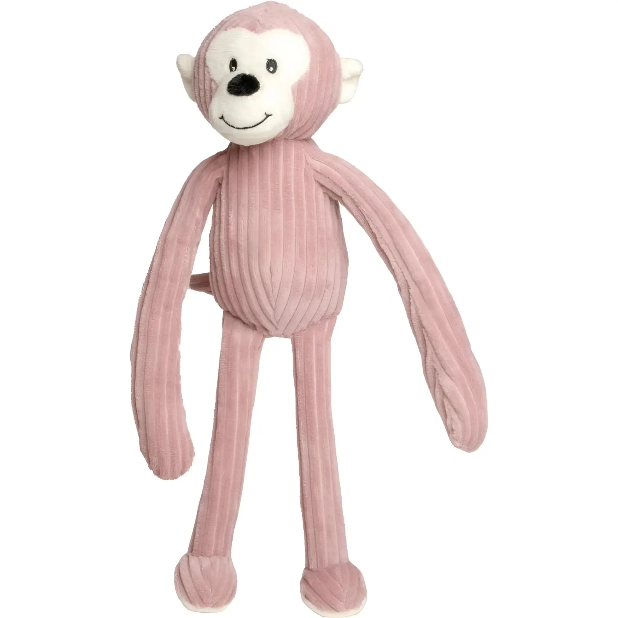 Ein weicher rosa corduroy affe plüschtier mit weißem gesicht und lächelndem ausdruck von minifeet lanky legends