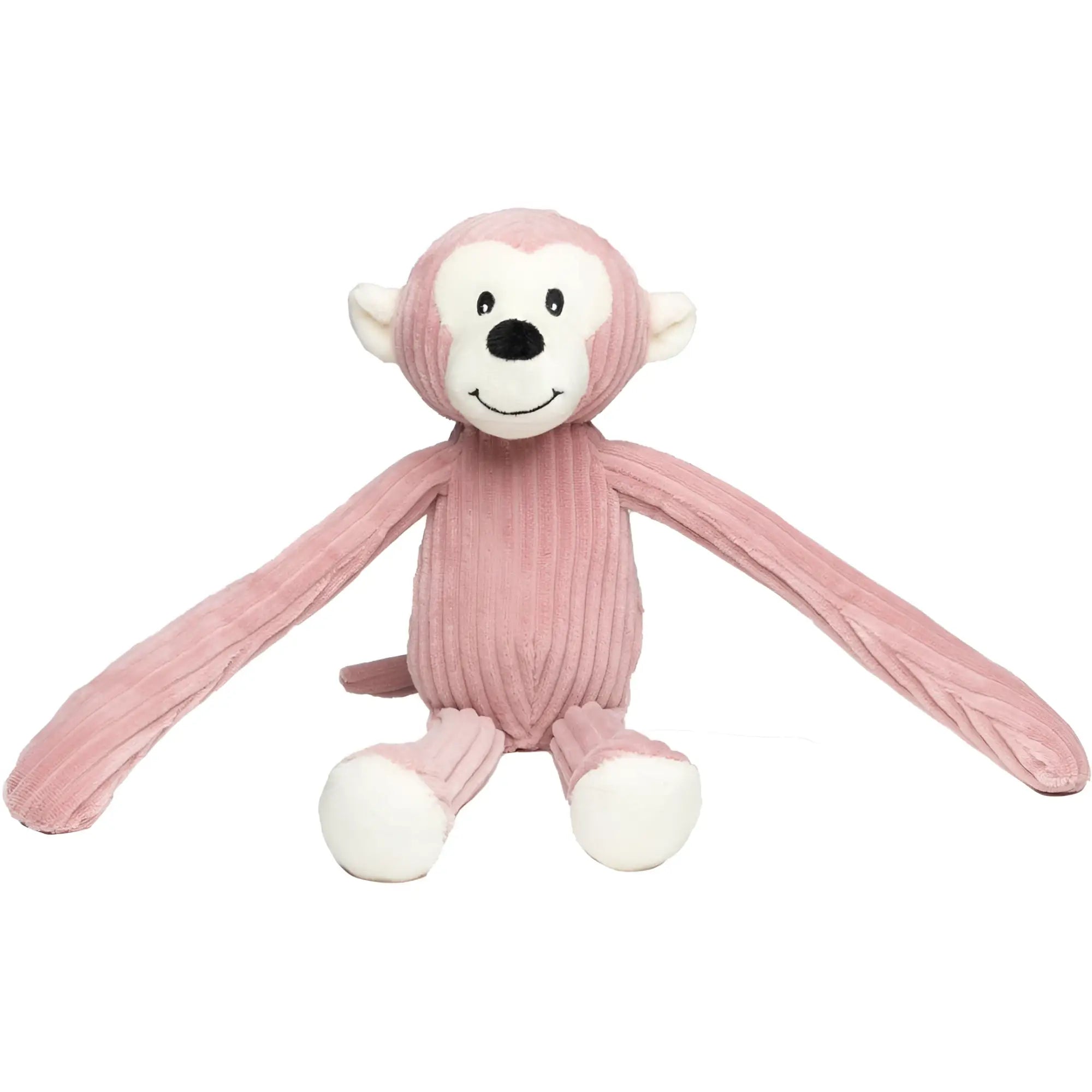 A soft pink corduroy monkey plush toy with white face and smiling eyes from minifeet lanky legends stofftier