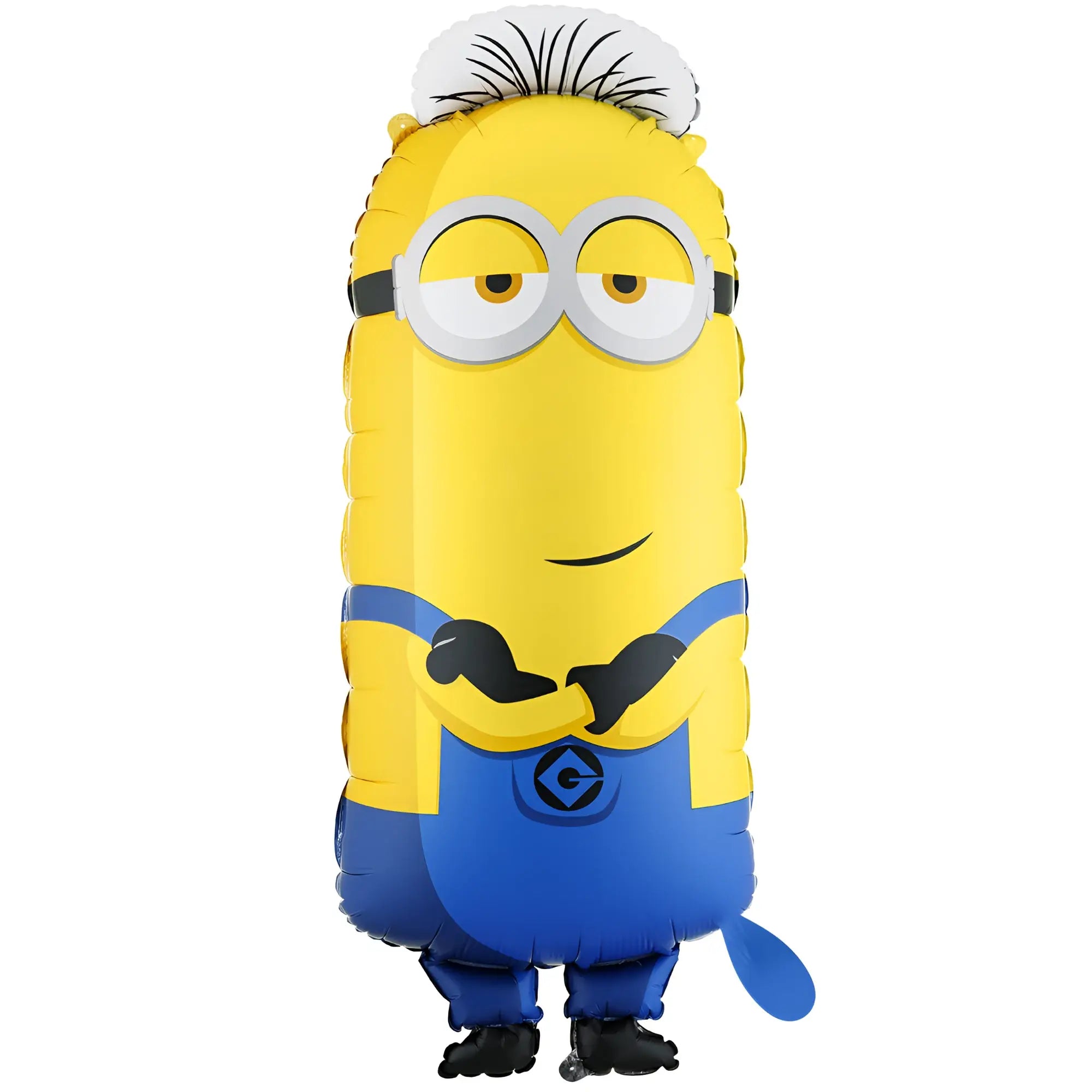 Gelber aufblasbarer minion luftballon mit blauer latzhose schwarzen handschuhen schuhen weißen stacheligen haaren und runden brillen