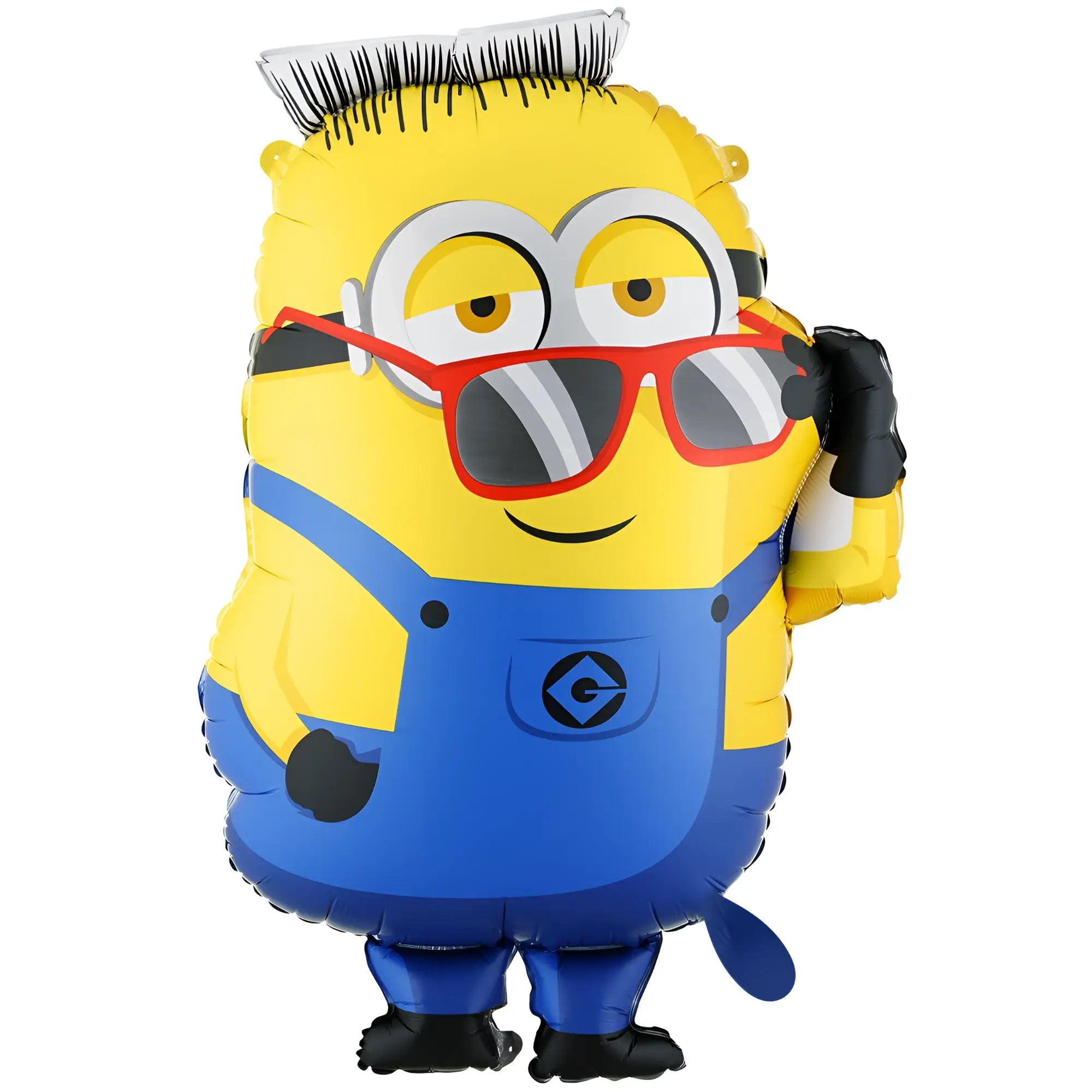 Gelber minions aufzublasbarer luftballon mit roten sonnenbrillen und blauen overalls aus der minions xxl ballon serie