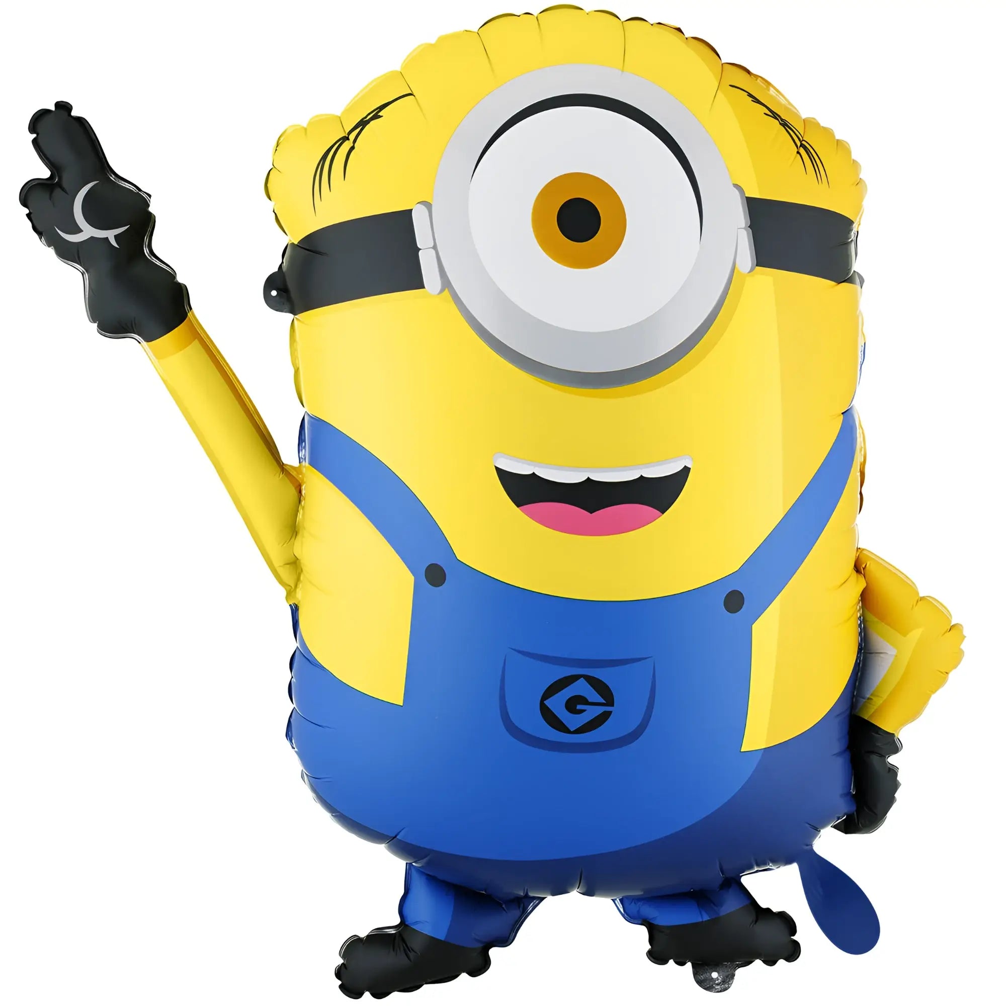 Gelber aufblasbarer minion ballon mit blauen overalls und schwarzer handschuh günstig bei minions xxl ballons kaufen