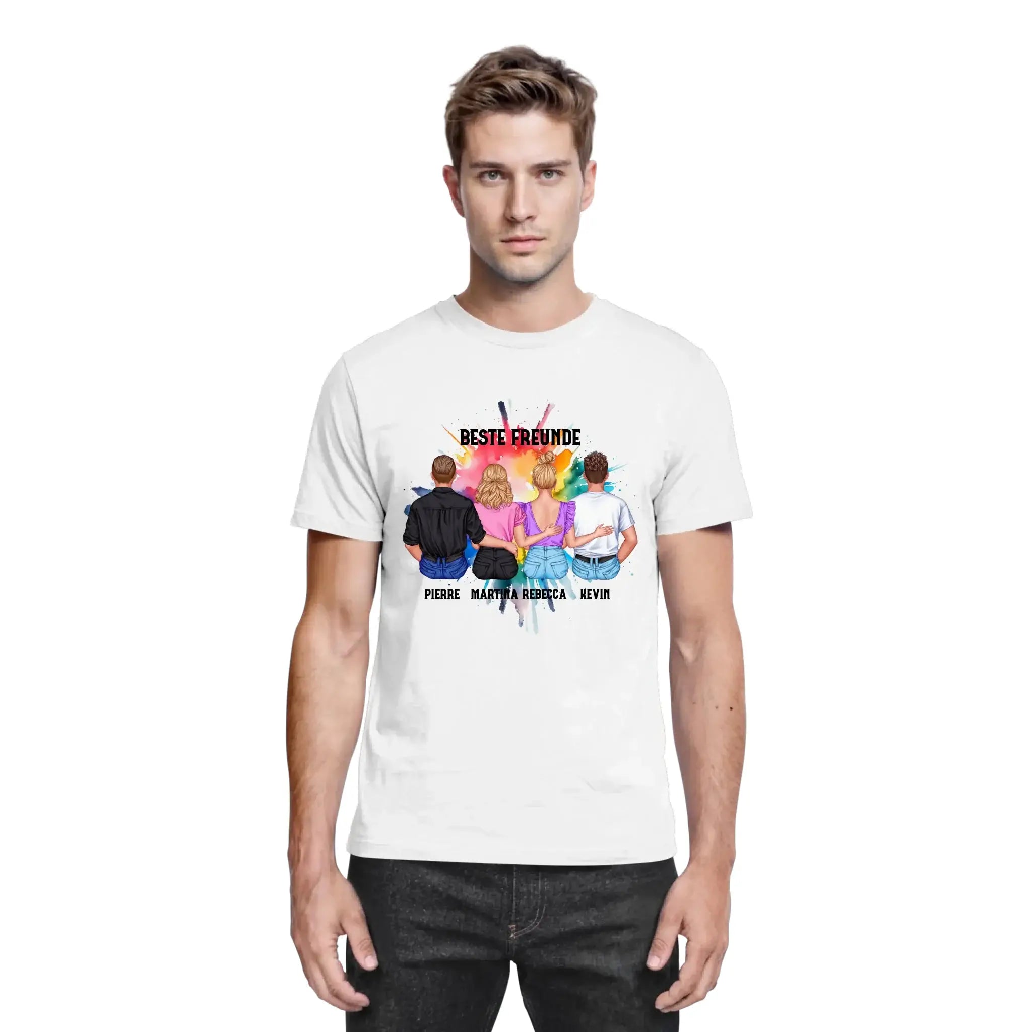 Weißer baumwoll t-shirt mit buntem aquarell grafik von vier personen von hinten und texte beste freunde mit wunschnamen