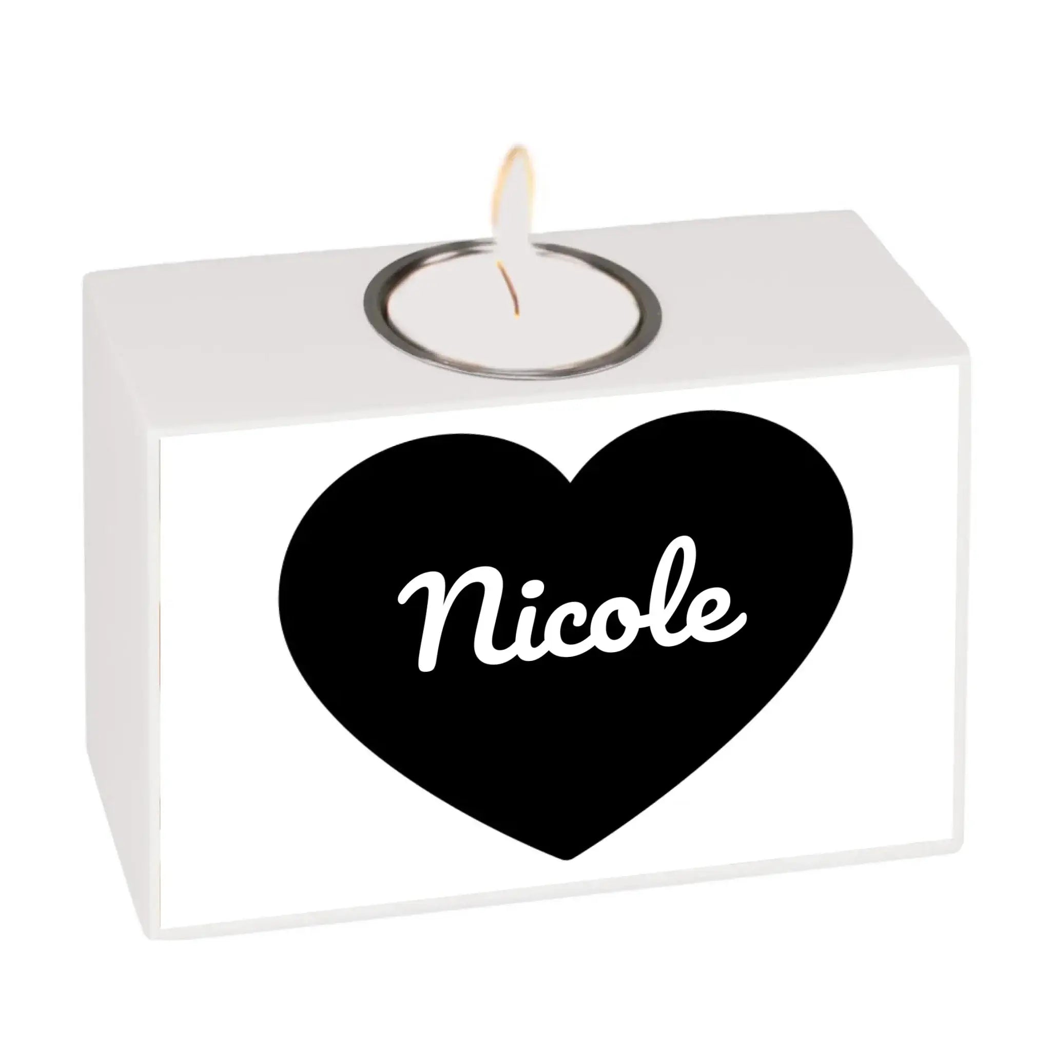 Weißer rechteckiger teelichthalter mit schwarzem herz und name nicole in weißer schrift motív-teelichthalter 13x9x5 cm