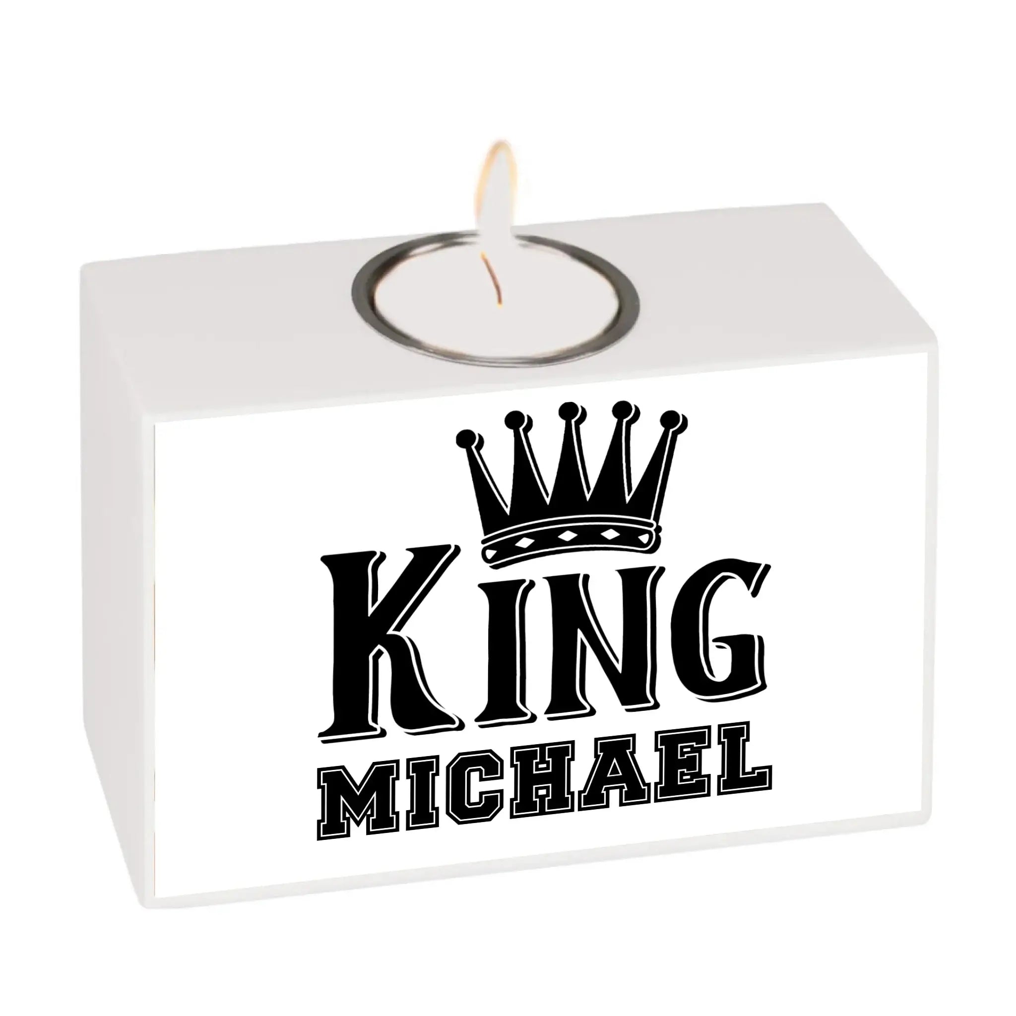 Weißer rechteckiger teelichthalter mit schwarzem king michael design und eingebettetem tealight 13x9x5 cm