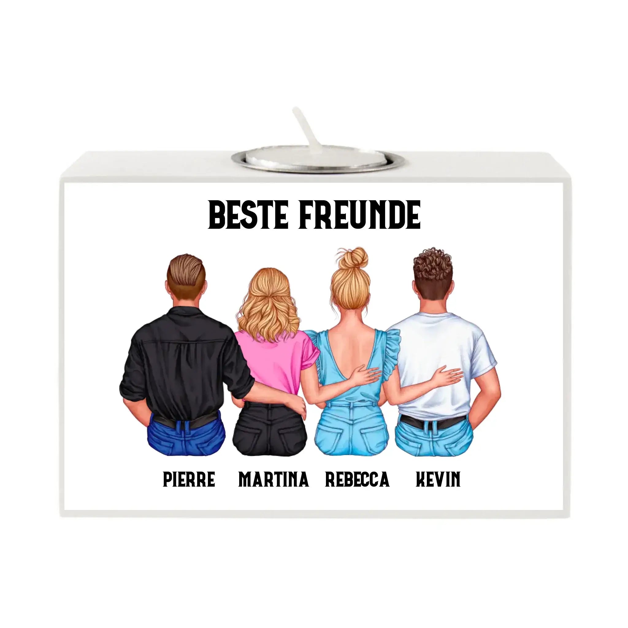 Weißer rechteckiger teelichthalter mit silberner metallkerzenfassung und personalisierter illustration vierer freunde von hinten beste freunde