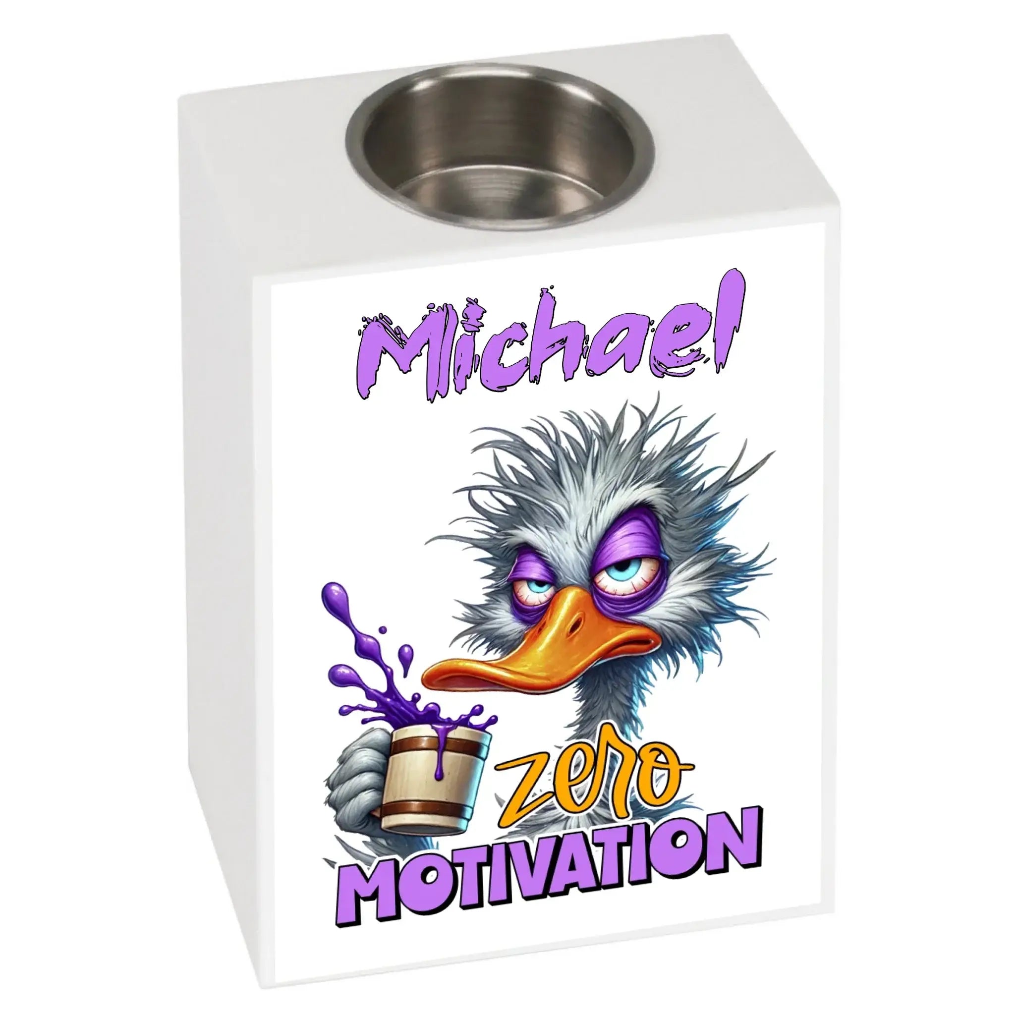 Weißer rechteckiger motiv-teelichthalter mit edelstahlschale und lustigem strauß cartoon mit wunschname michael und text zero motivation