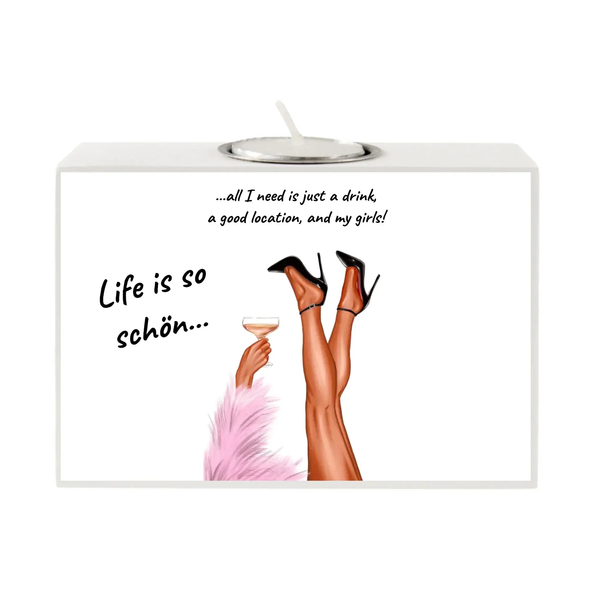 Weißer rechteckiger teelichthalter motiv party legs mit illustration von beinen in schwarzen high heels und rosa federn boa