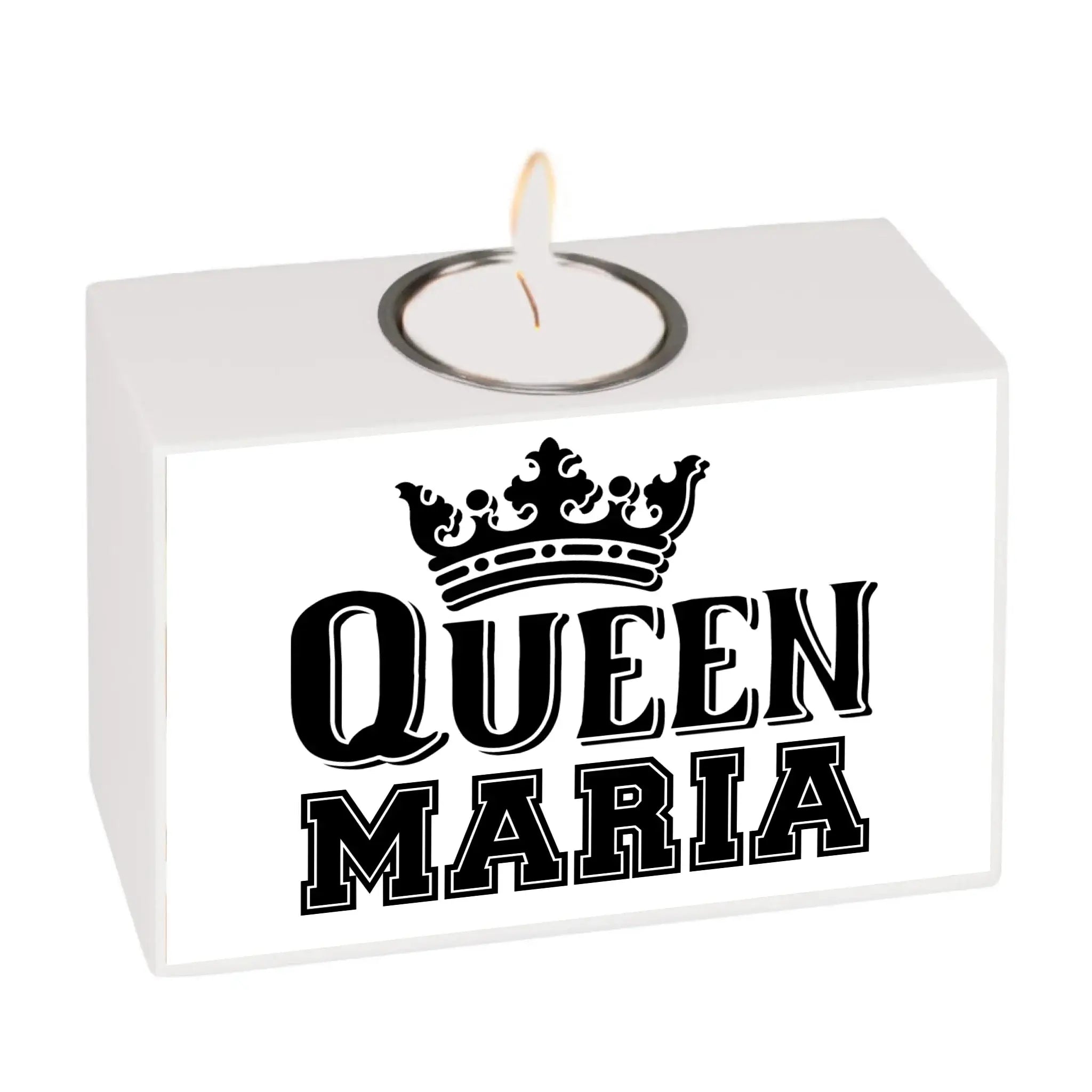 Weißer rechteckiger motiv-teelichthalter queen maria mit schwarzem königskronen-design und eingebettetem teelicht