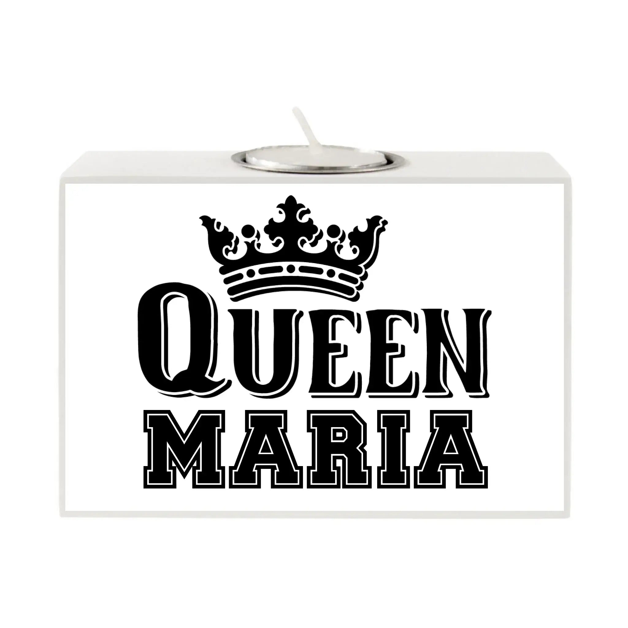 Weißer rechteckiger teelichthalter queen maria mit schwarzem text krone und silberner teelichtschale oben