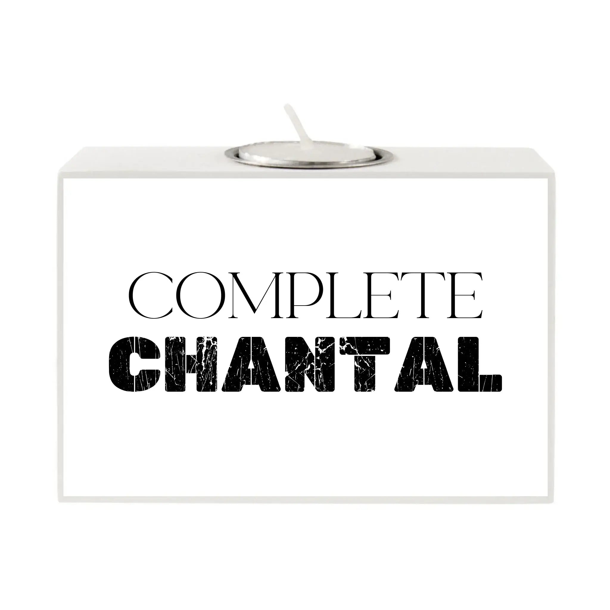 Weißer rechteckiger teelichthalter mit silbernem metallrand und schwarzem text complete chantal, personalisierbar