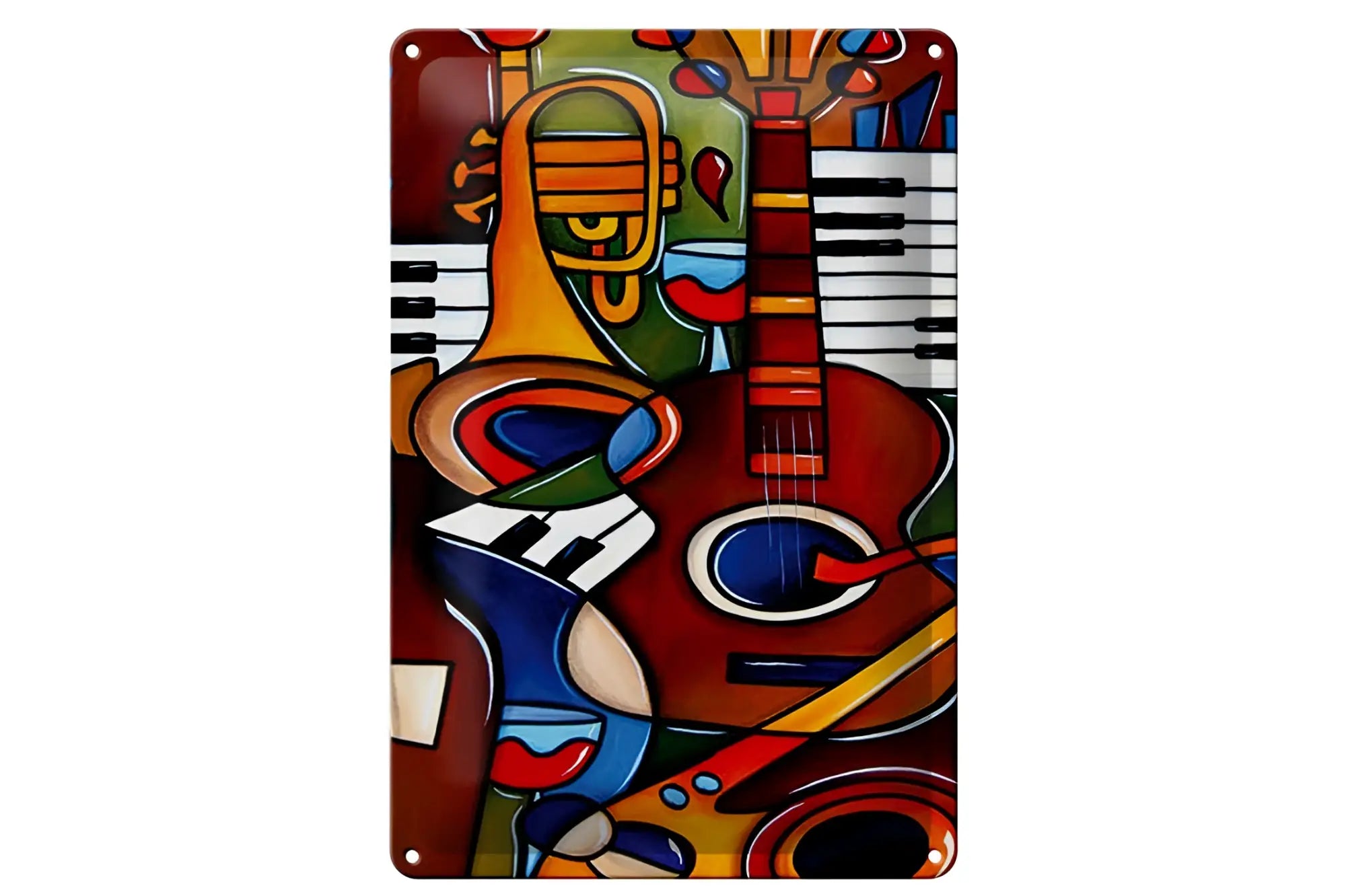 Leuchtendes abstraktes metall wand schild musica mit stilisierten musikinstrumenten in kräftigen farben und geometrischen mustern