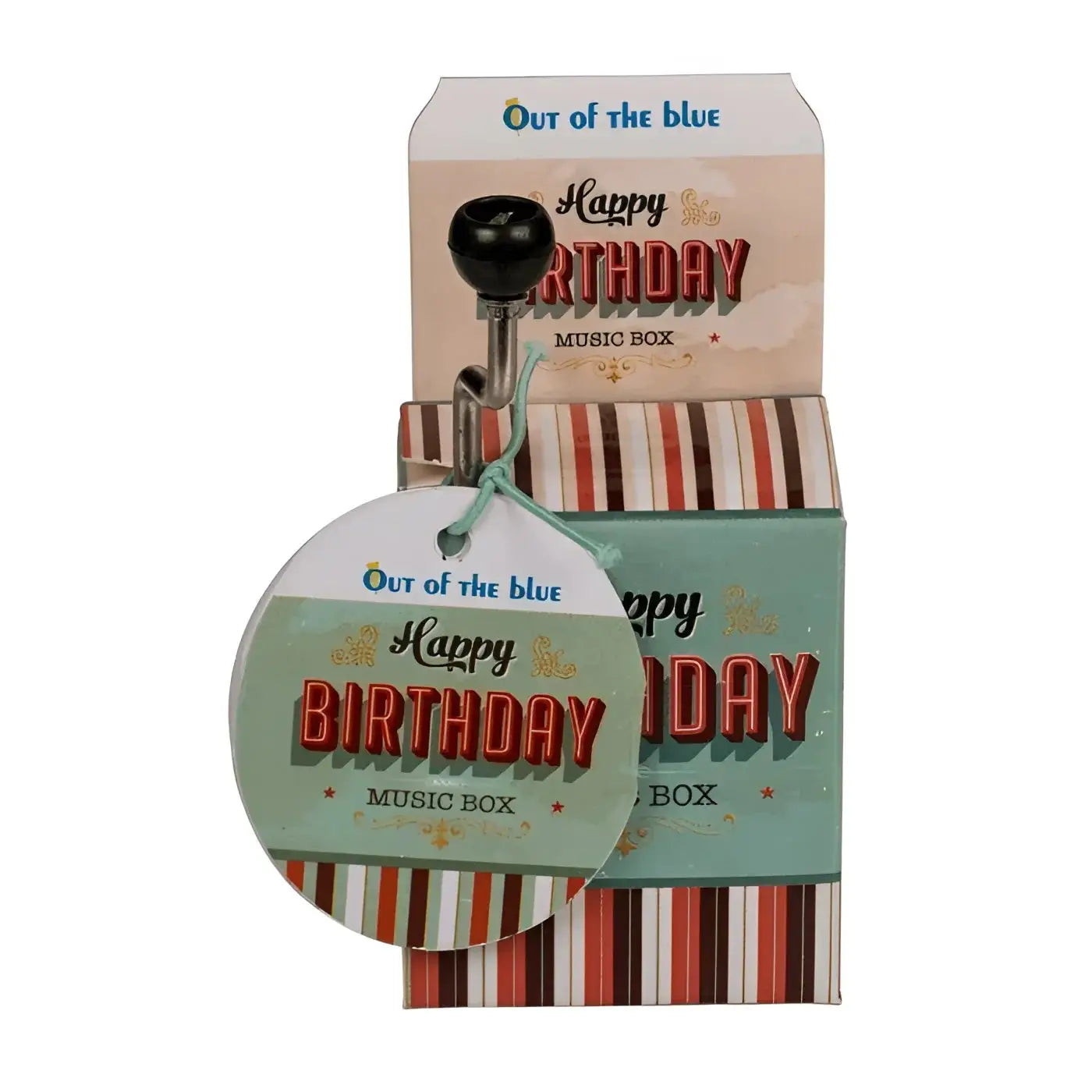 Vintage spieluhr happy birthday to you mit schwarzem kurbelgriff in gestreifter kartonverpackung von out von blau