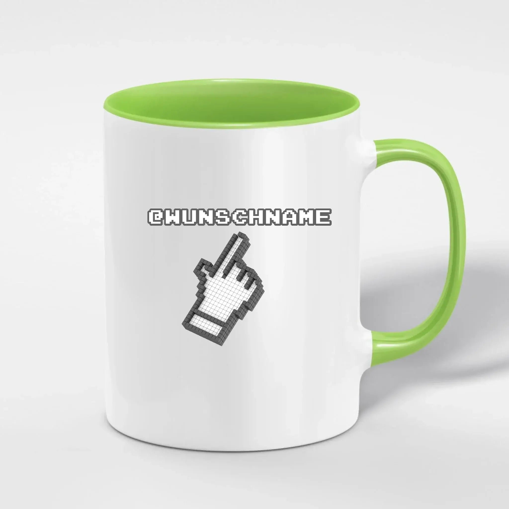 Weiße keramiktasse mit limonengrünem innenraum und griff, pixeliger grauer zeigefinger, personalisierbar spülmaschinenfest