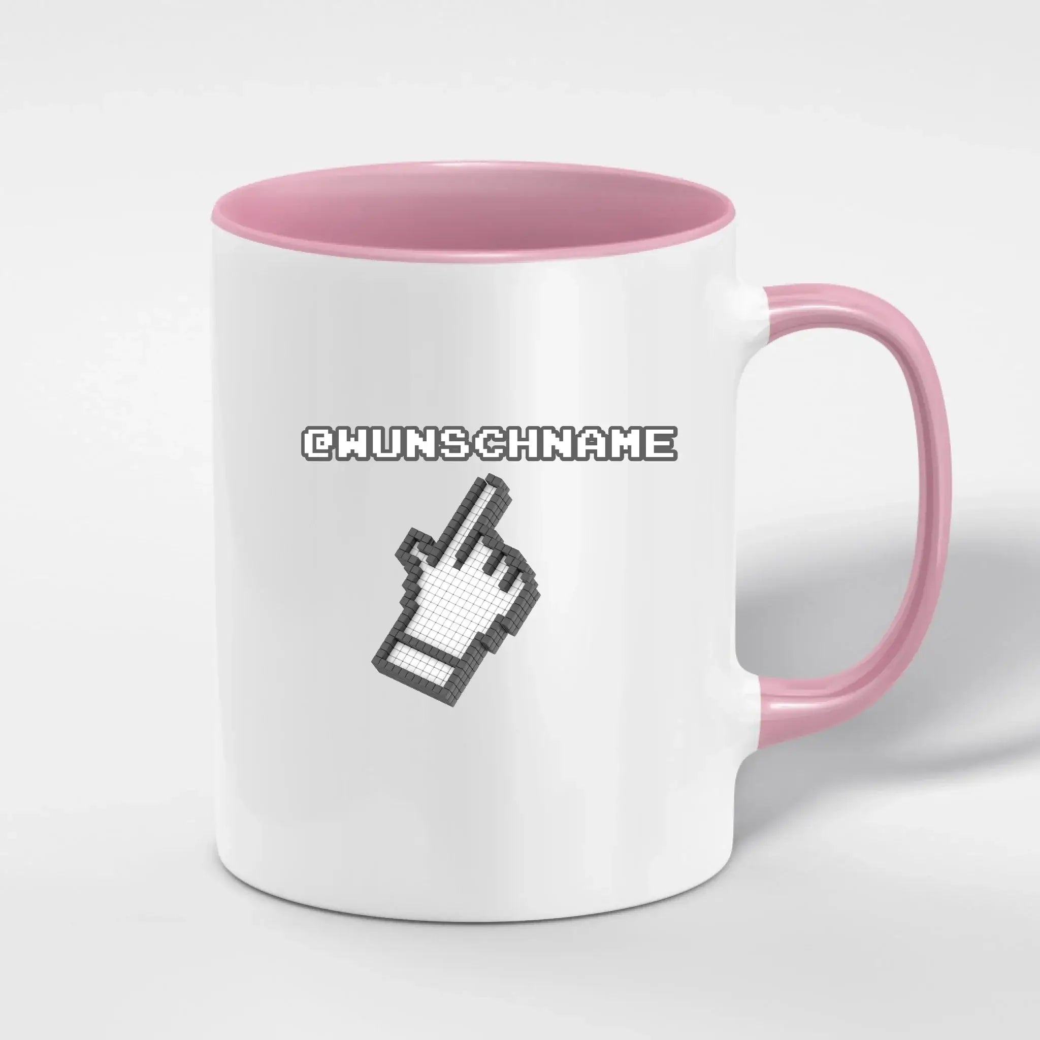 Weiße keramiktasse mit pinkem griff und innenseite, pixeliger zeigefinger, personalisierbar, spülmaschinenfest