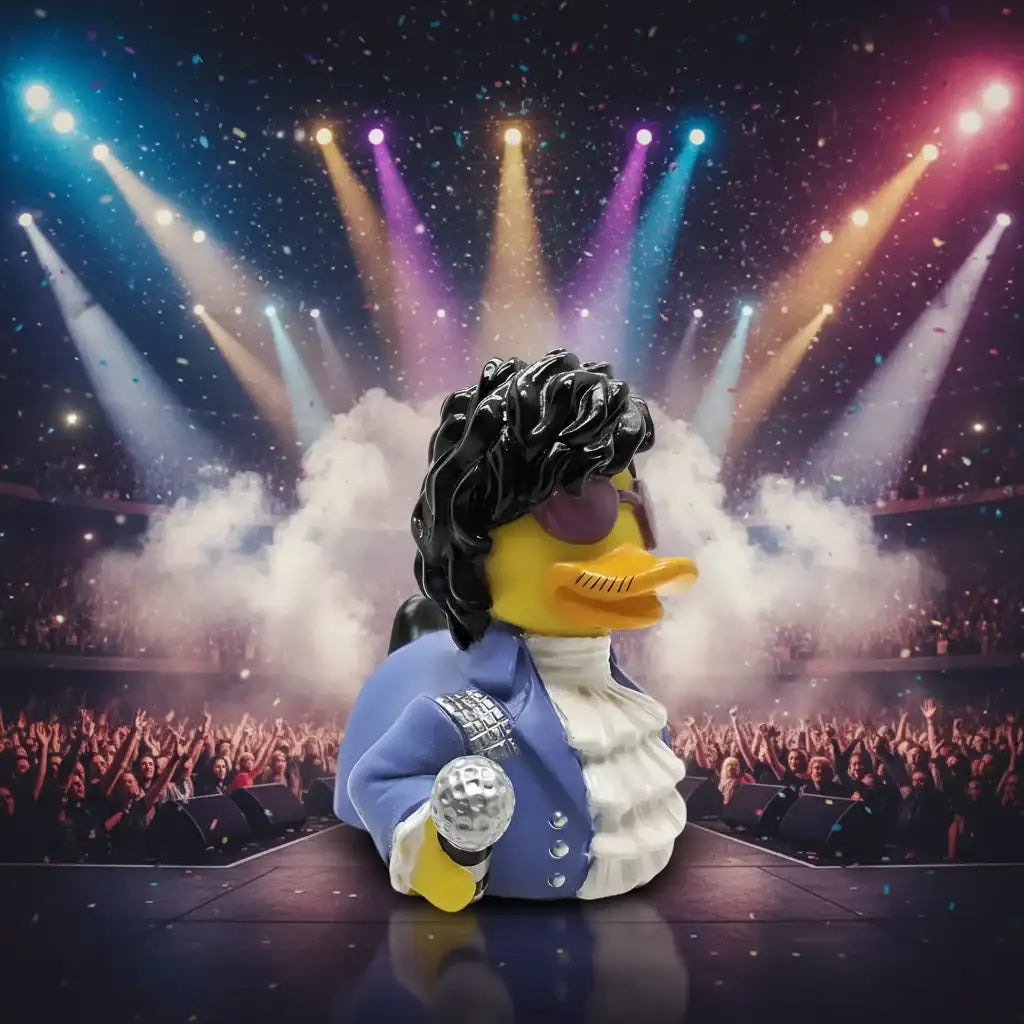 Gelbe gummiente dressed as prince with blue jacket silver buttons white collar purple sunglasses holding microphone paddle like it´s 1999 celebriducks