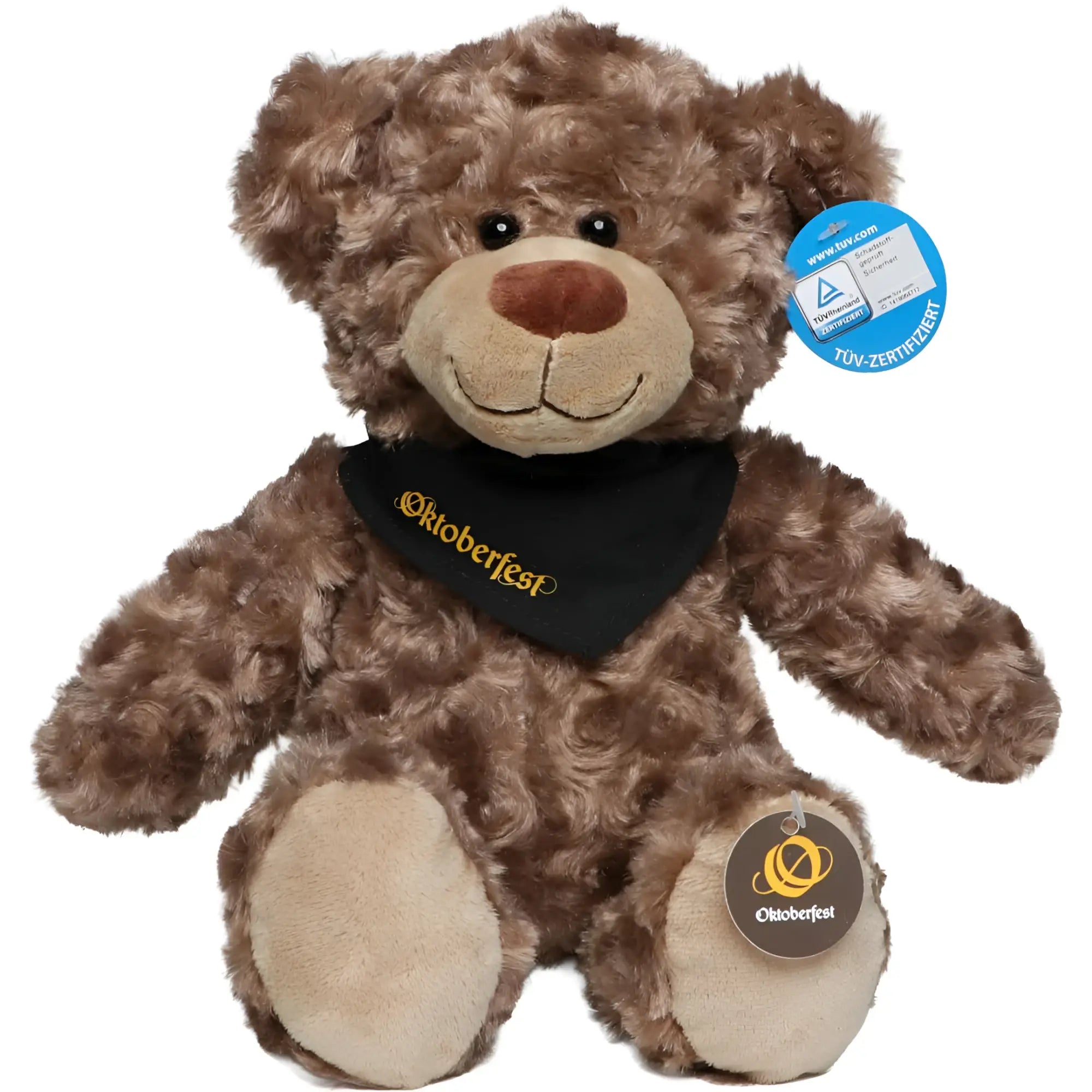 A brauner plüschiger oktoberfest bär bodo mit schwarzem bandana und goldener stickerei samt etiketten