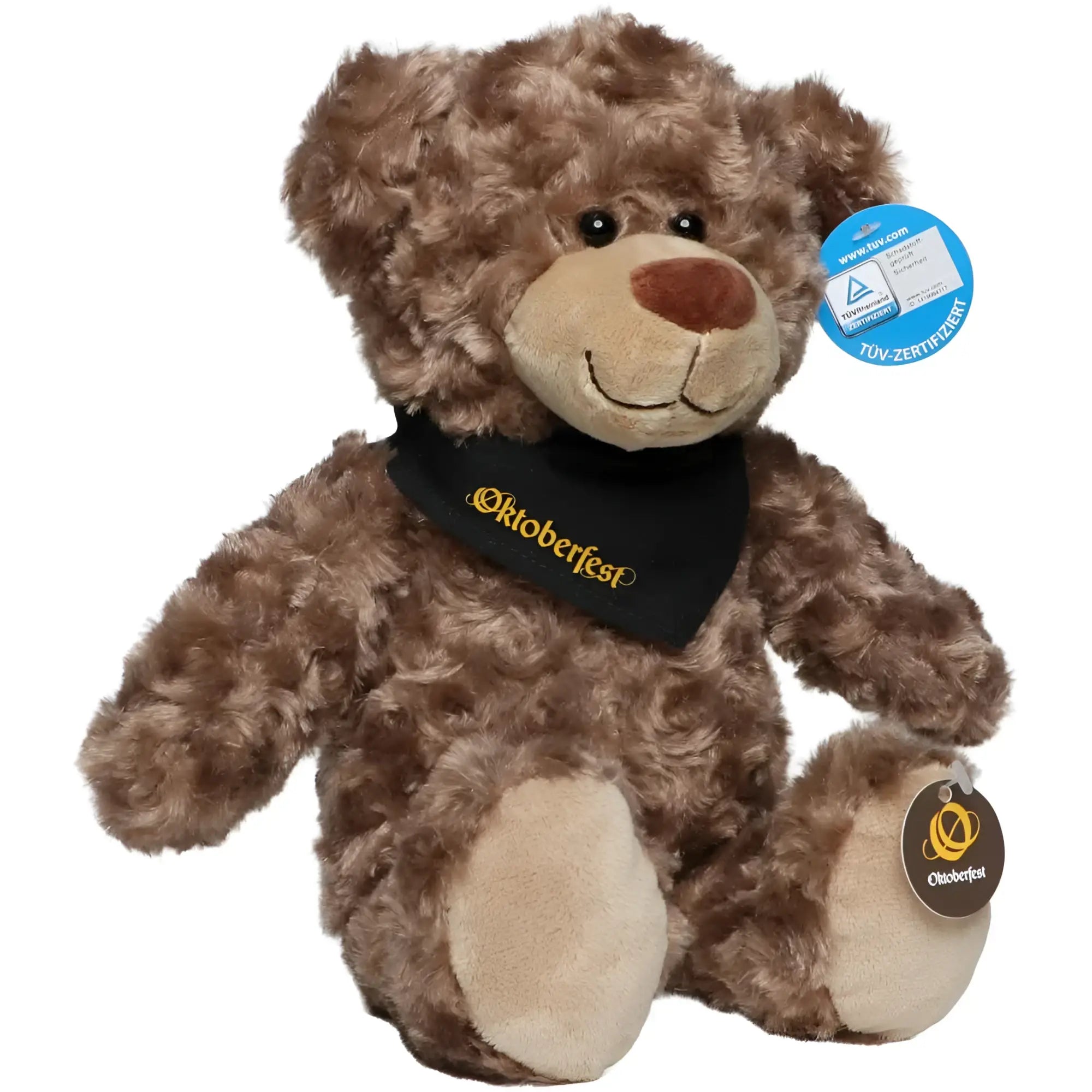 Ein plüschtier bär bodo in braun mit schwarzem oktoberfest bandana und beigen pfoten aus stoff