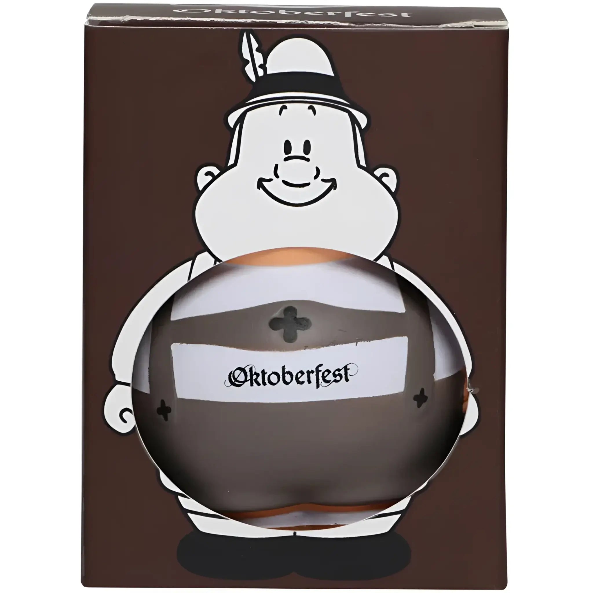 Ein glänzend dunkelbraunes oktoberfest bierflaschen-anti-stress-quetsschfigur in bayrischer traditioneller kleidung