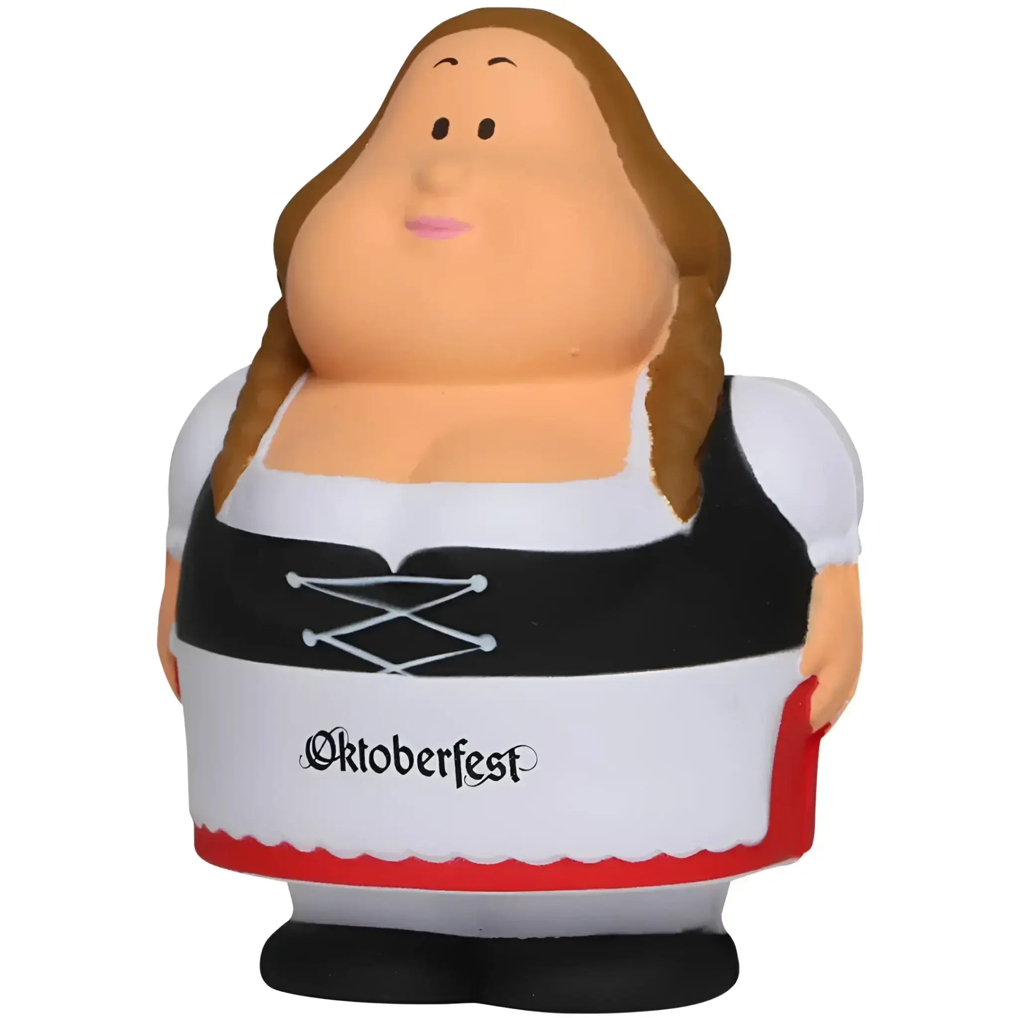 Plüschige oktoberfest-quetschfigur berta in bayerischem schwarz-weiß-korsett und braunen zöpfen im geschenkset
