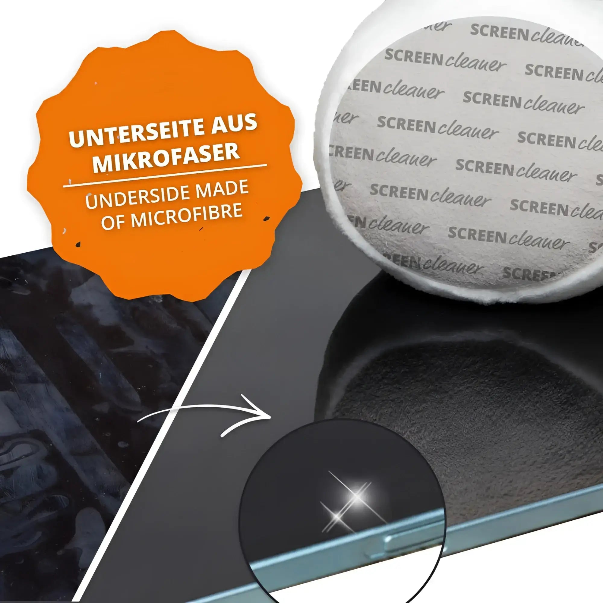 Weißer runder bildschirmreiniger mit mikrofaser auf der unterseite und printed screen cleaner text auf der rückseite im oktoberfest geschenkset bert & berta mit lebkuchenherzen
