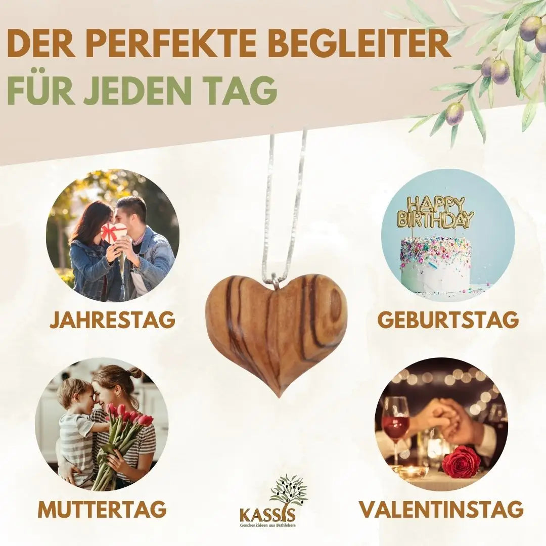 Olivenholz Herz mit silberner Halskette