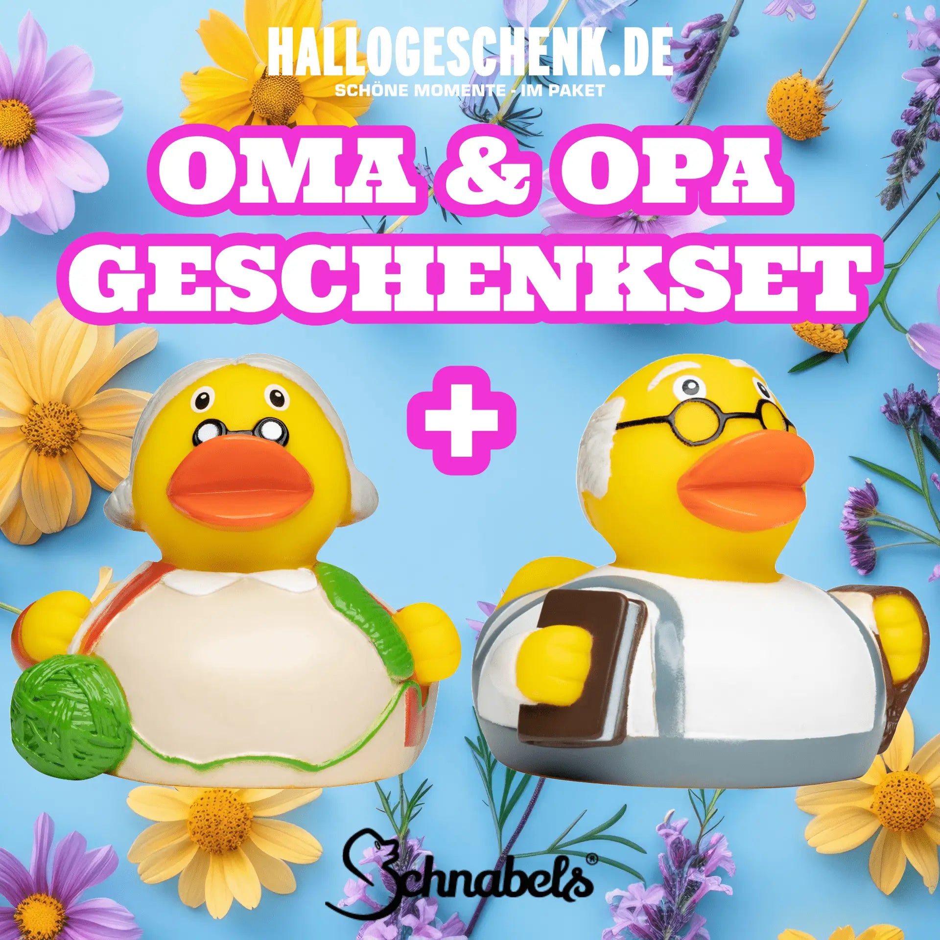 Bundle oma und opa badeenten gummienten gelb mit grüner wolle und buch als niedliches geschenkset