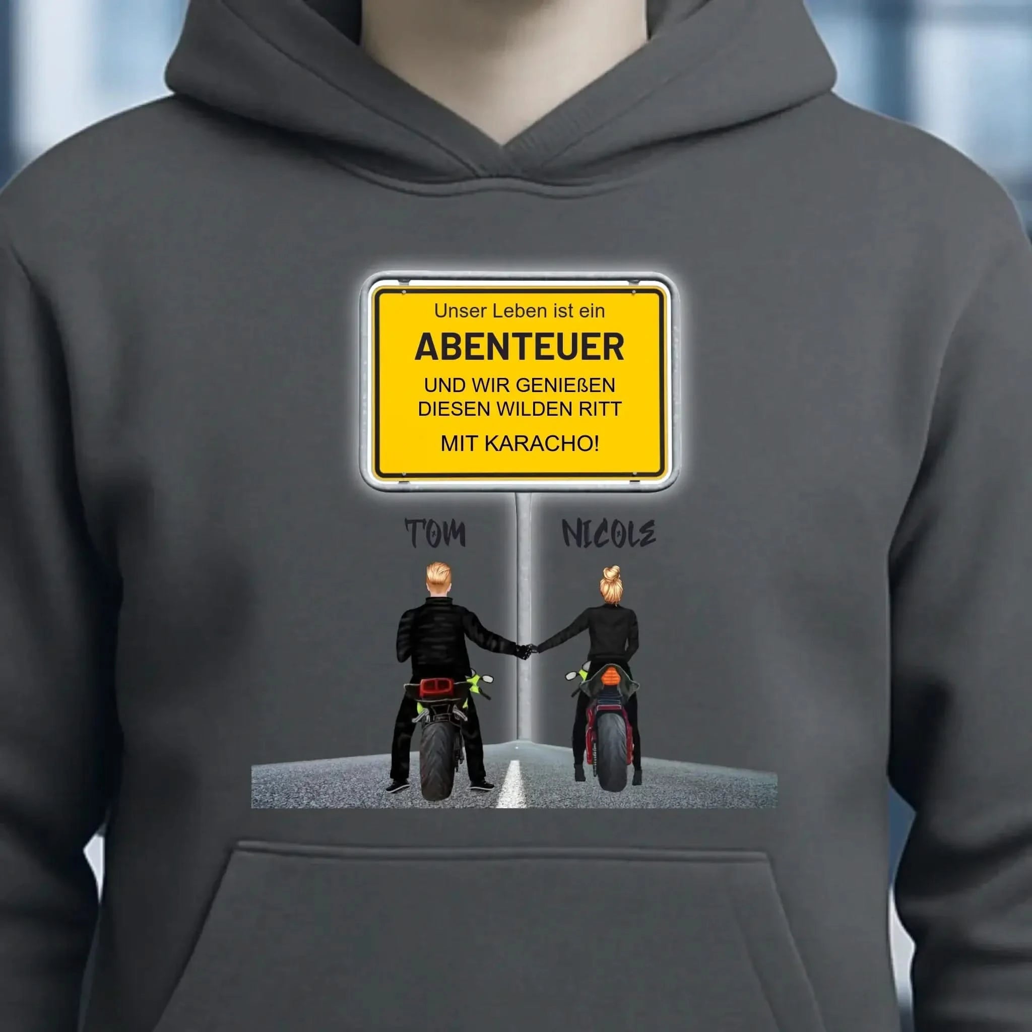 Ortsschild-Designer mit Motorrad-Couple • Unisex Premium Hoodie XS-5XL aus Bio-Baumwolle für Damen & Herren