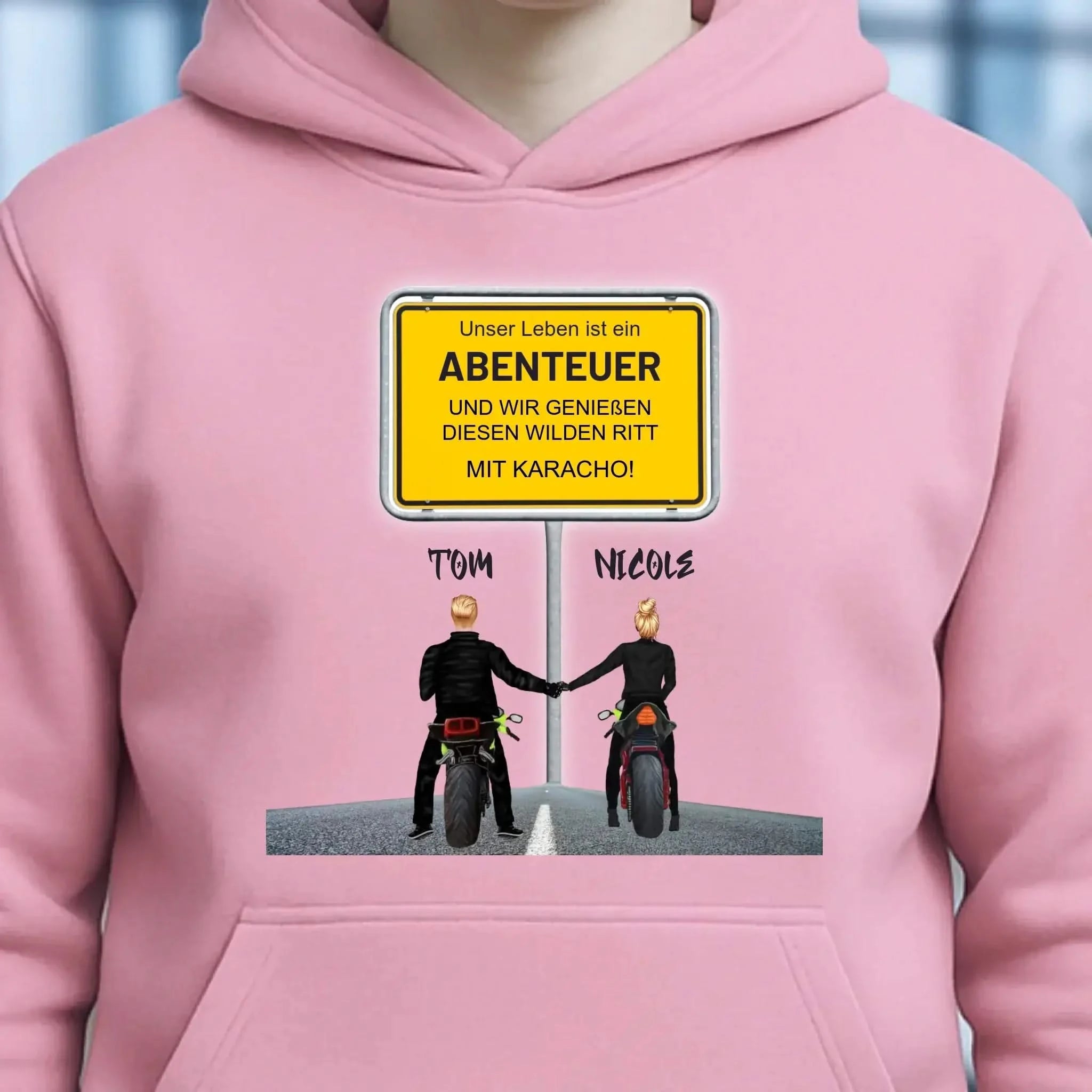 Ortsschild-Designer mit Motorrad-Couple • Unisex Premium Hoodie XS-5XL aus Bio-Baumwolle für Damen & Herren