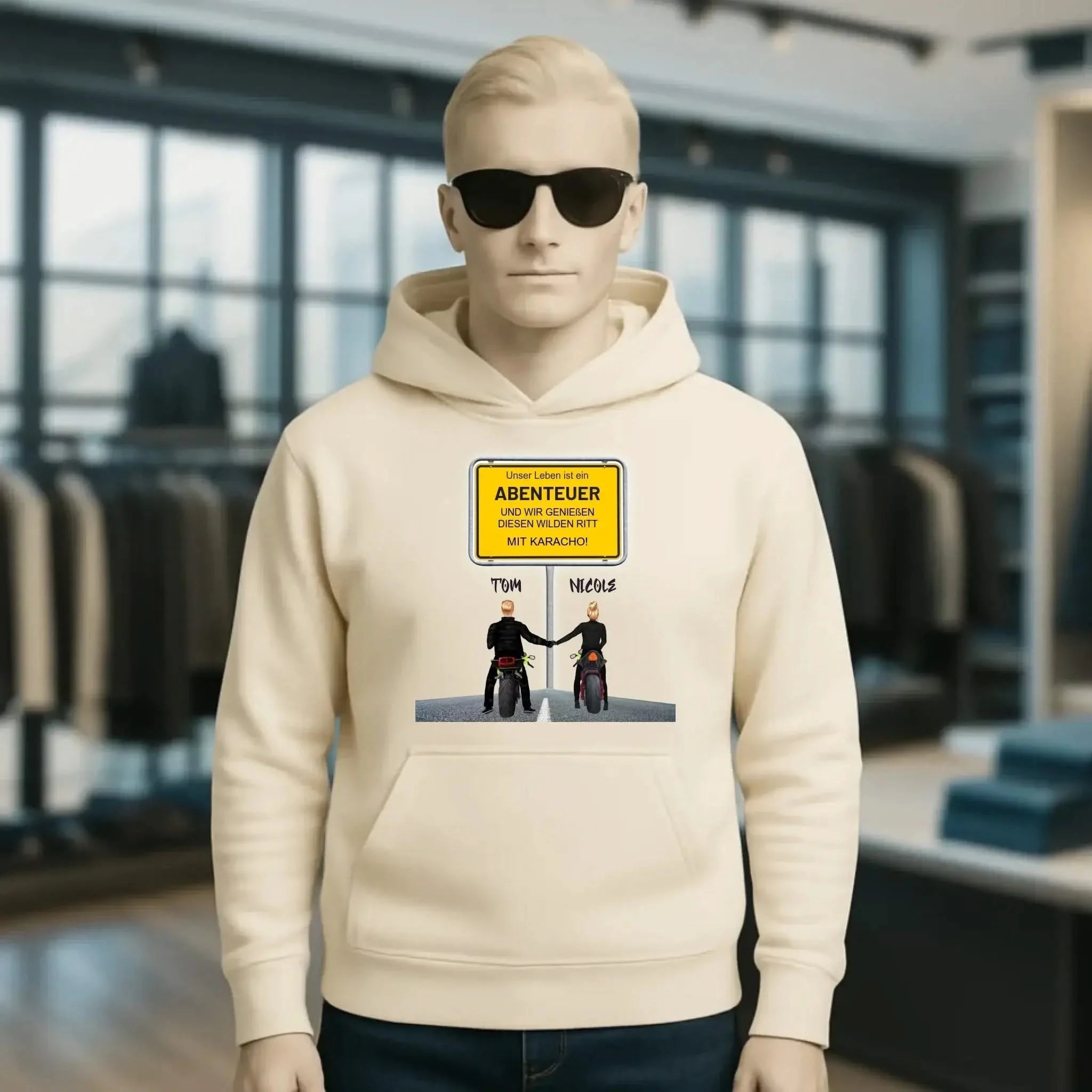 Ortsschild-Designer mit Motorrad-Couple • Unisex Premium Hoodie XS-5XL aus Bio-Baumwolle für Damen & Herren