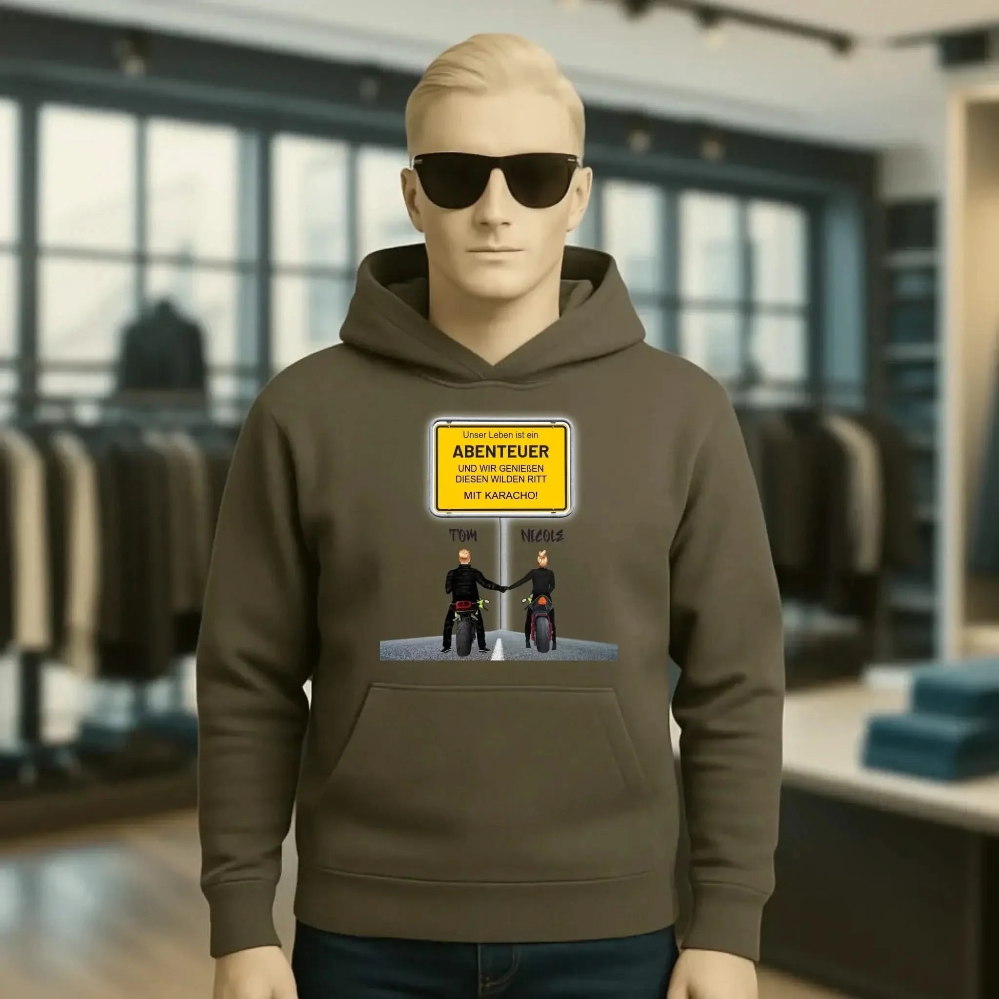 Ortsschild-Designer mit Motorrad-Couple • Unisex Premium Hoodie XS-5XL aus Bio-Baumwolle für Damen & Herren