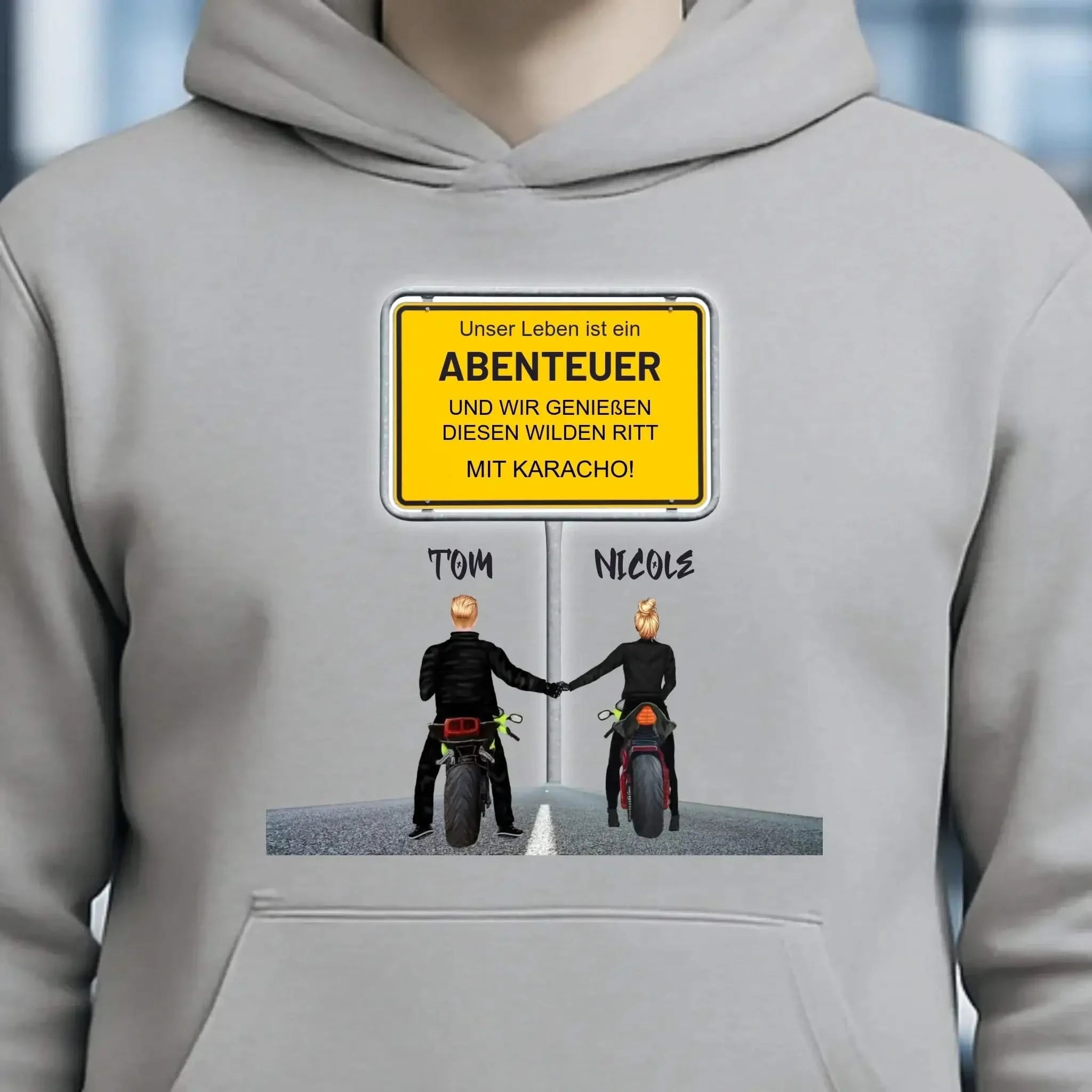 Ortsschild-Designer mit Motorrad-Couple • Unisex Premium Hoodie XS-5XL aus Bio-Baumwolle für Damen & Herren