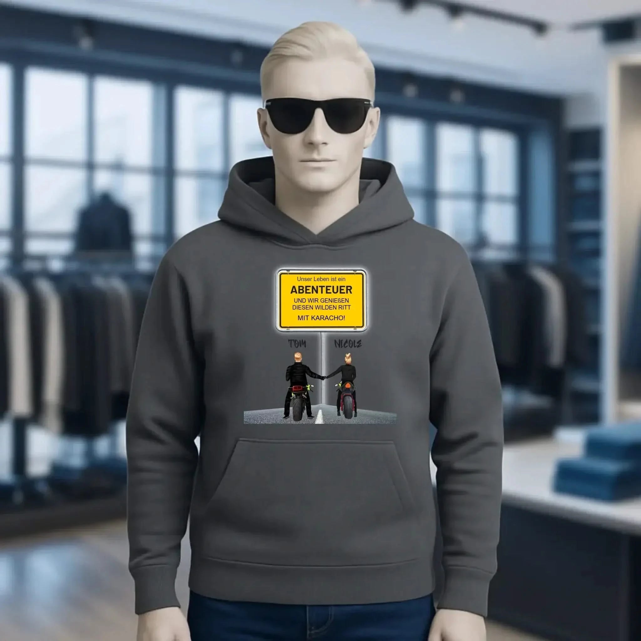 Ortsschild-Designer mit Motorrad-Couple • Unisex Premium Hoodie XS-5XL aus Bio-Baumwolle für Damen & Herren