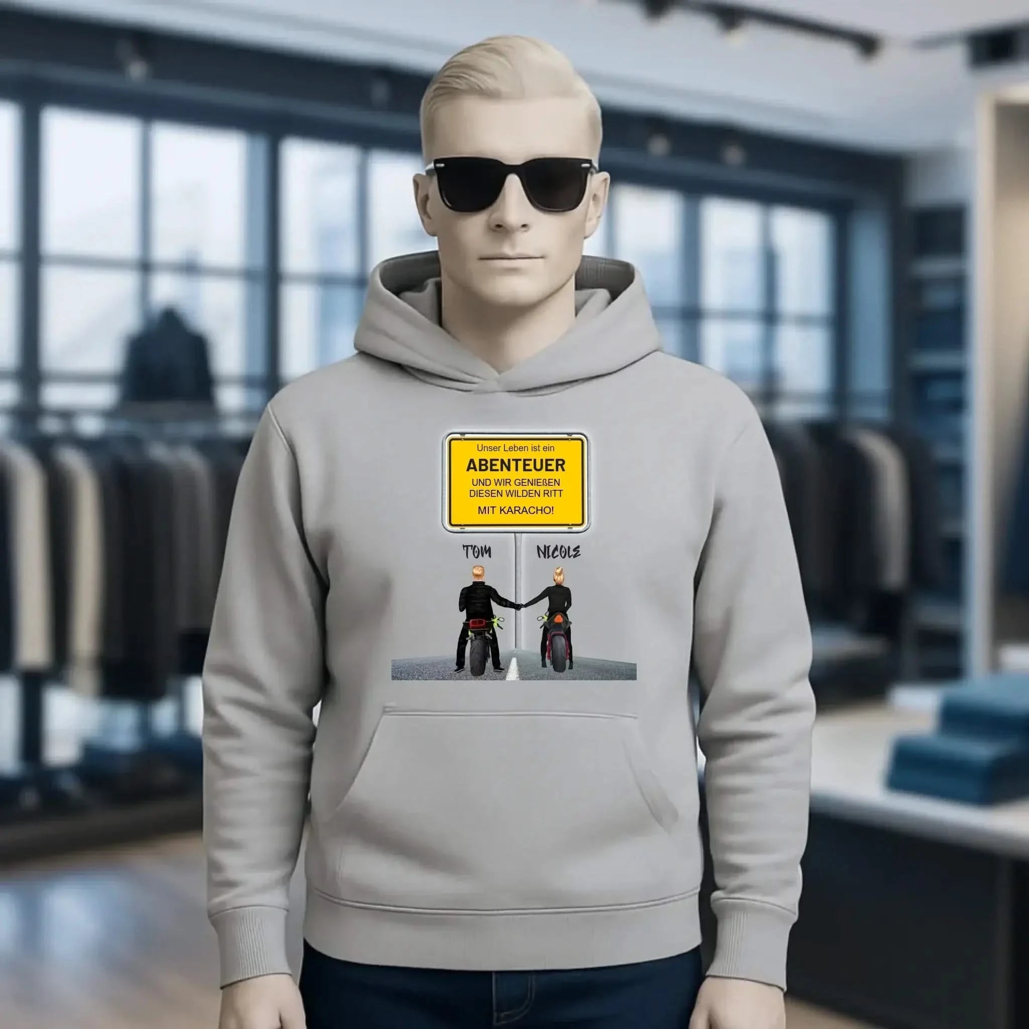 Ortsschild-Designer mit Motorrad-Couple • Unisex Premium Hoodie XS-5XL aus Bio-Baumwolle für Damen & Herren
