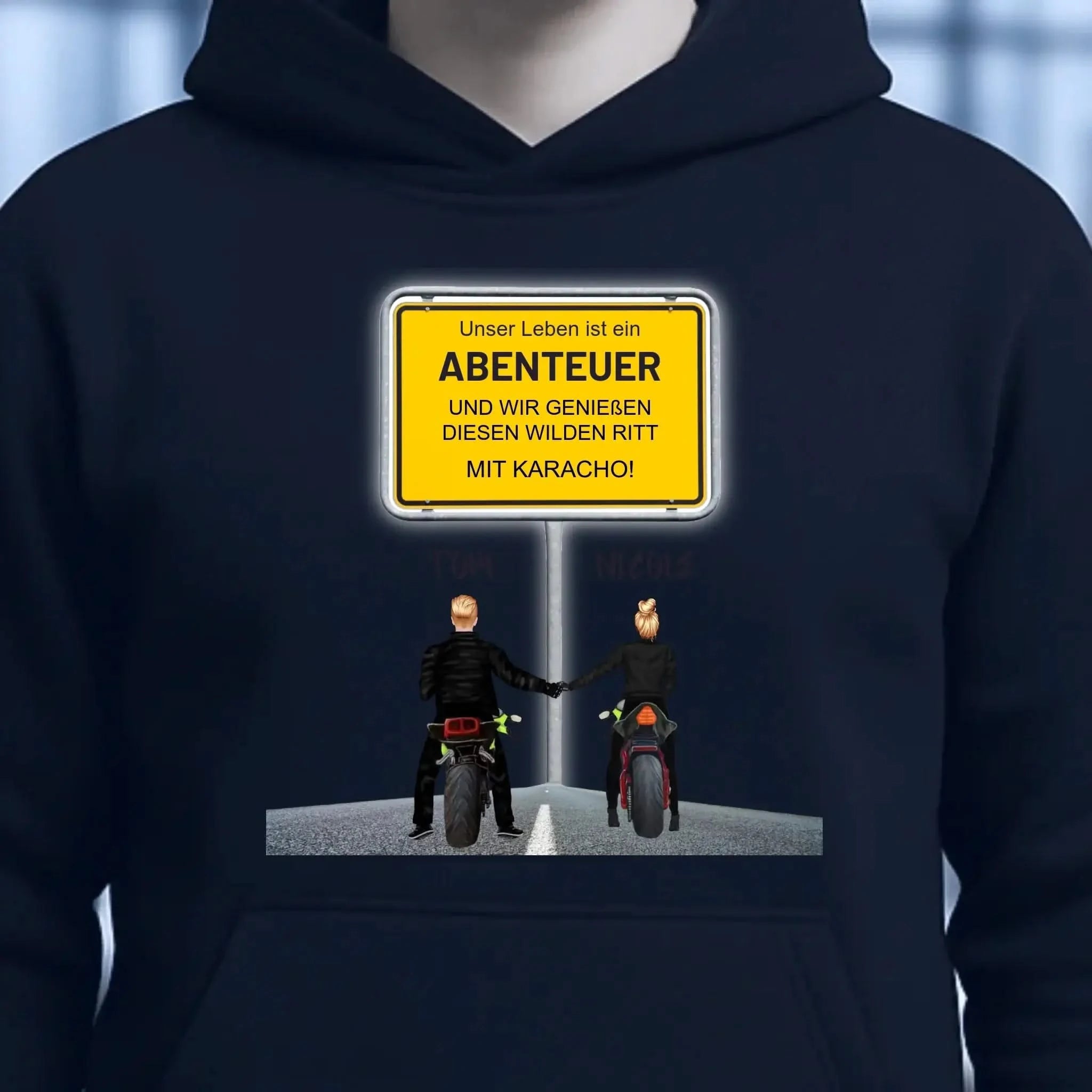 Ortsschild-Designer mit Motorrad-Couple • Unisex Premium Hoodie XS-5XL aus Bio-Baumwolle für Damen & Herren