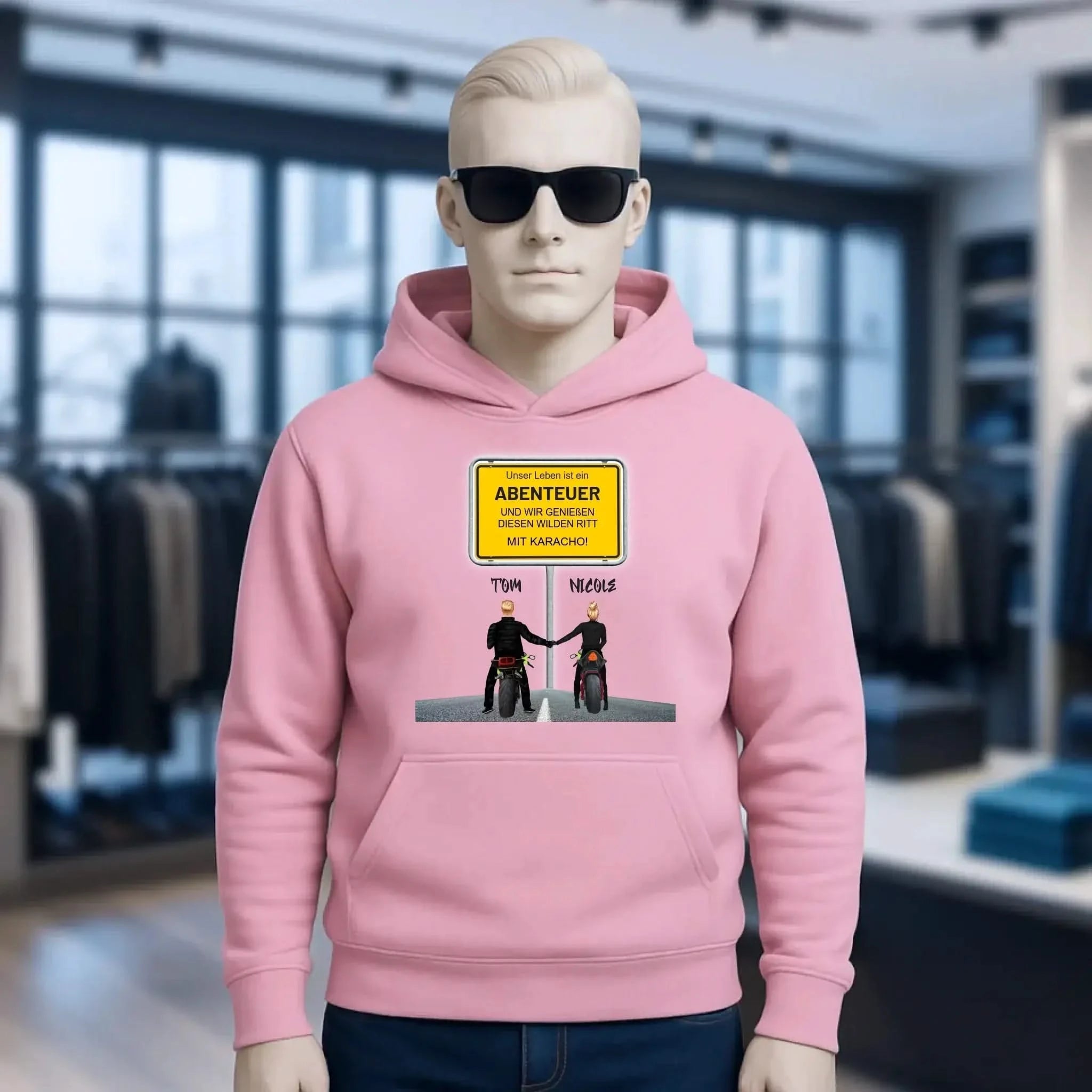 Ortsschild-Designer mit Motorrad-Couple • Unisex Premium Hoodie XS-5XL aus Bio-Baumwolle für Damen & Herren