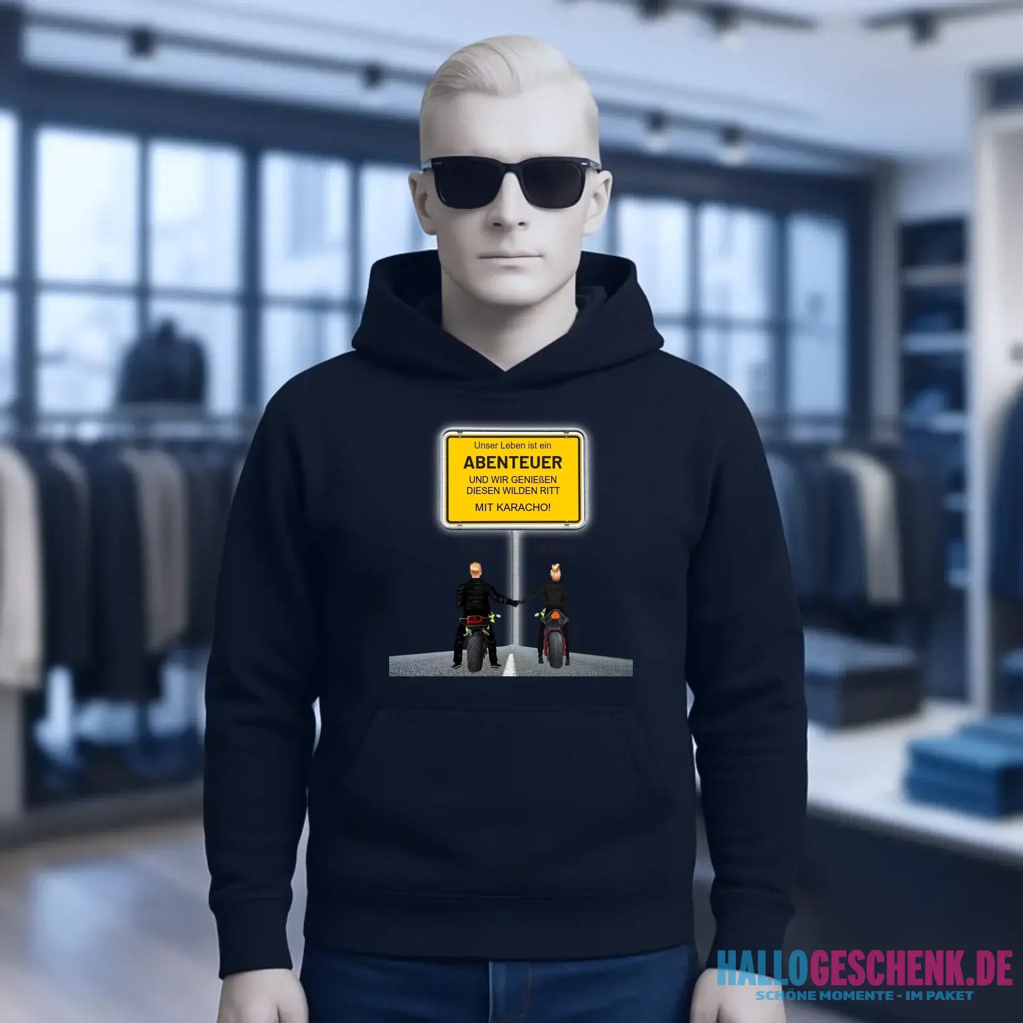 Ortsschild-Designer mit Motorrad-Couple • Unisex Premium Hoodie XS-5XL aus Bio-Baumwolle für Damen & Herren