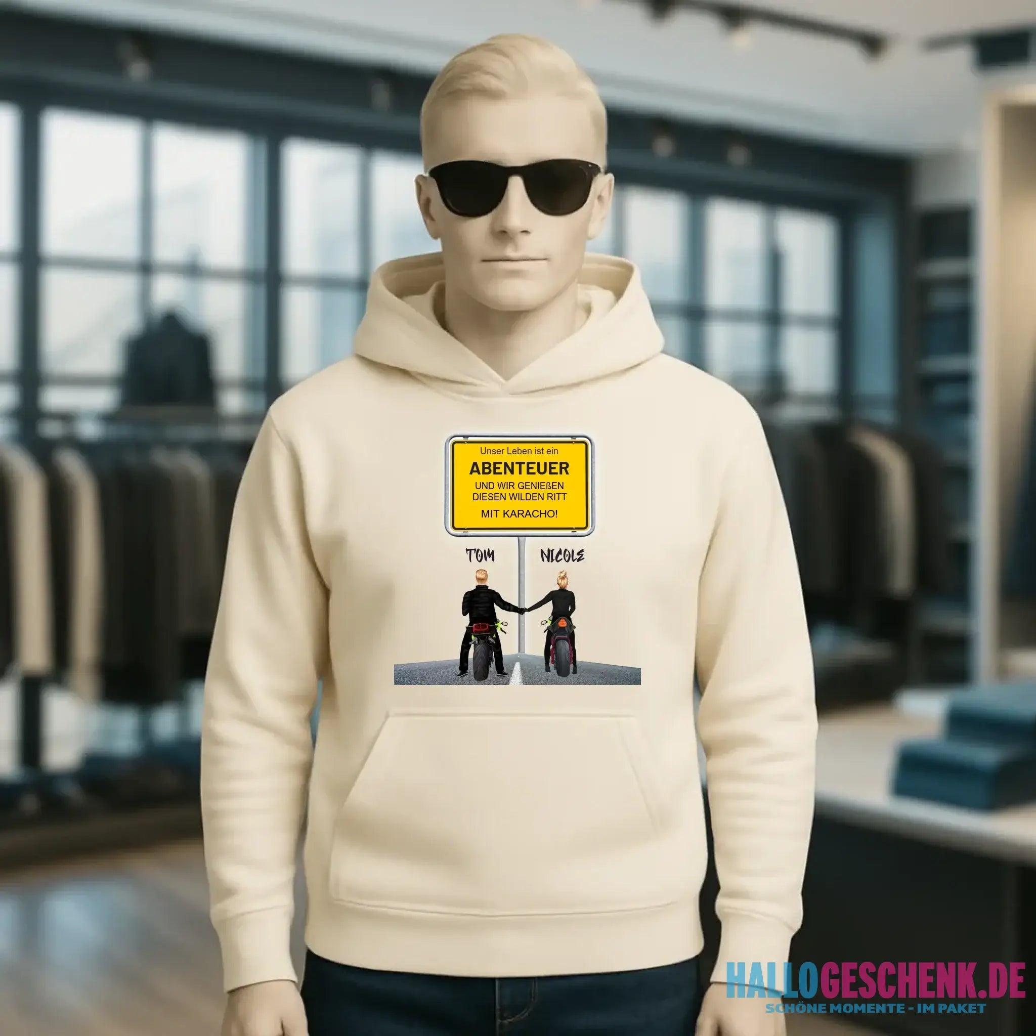 Ortsschild-Designer mit Motorrad-Couple • Unisex Premium Hoodie XS-5XL aus Bio-Baumwolle für Damen & Herren