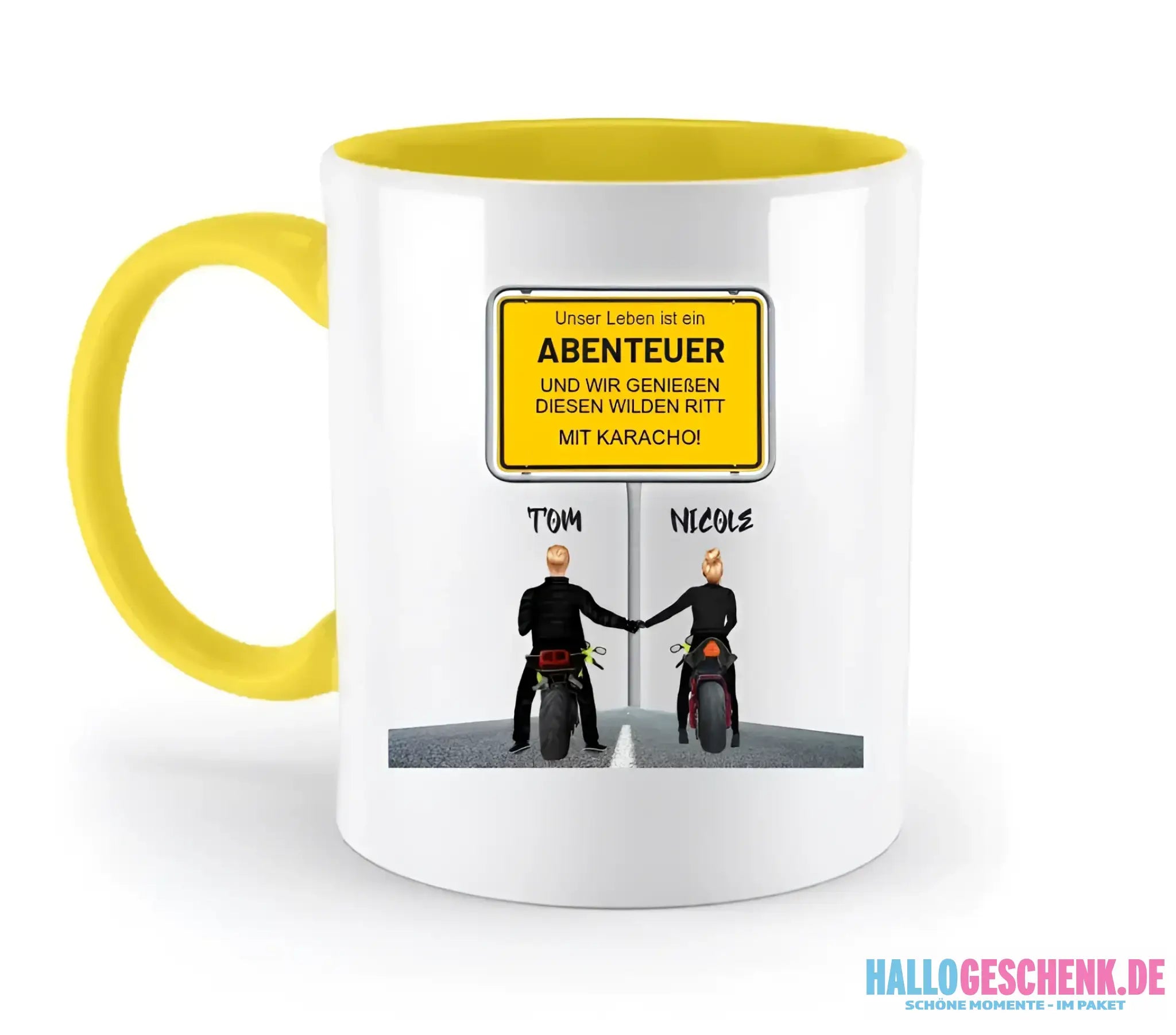 Ortsschild-Designer mit Motorrad-Couple • zweifarbige Tasse