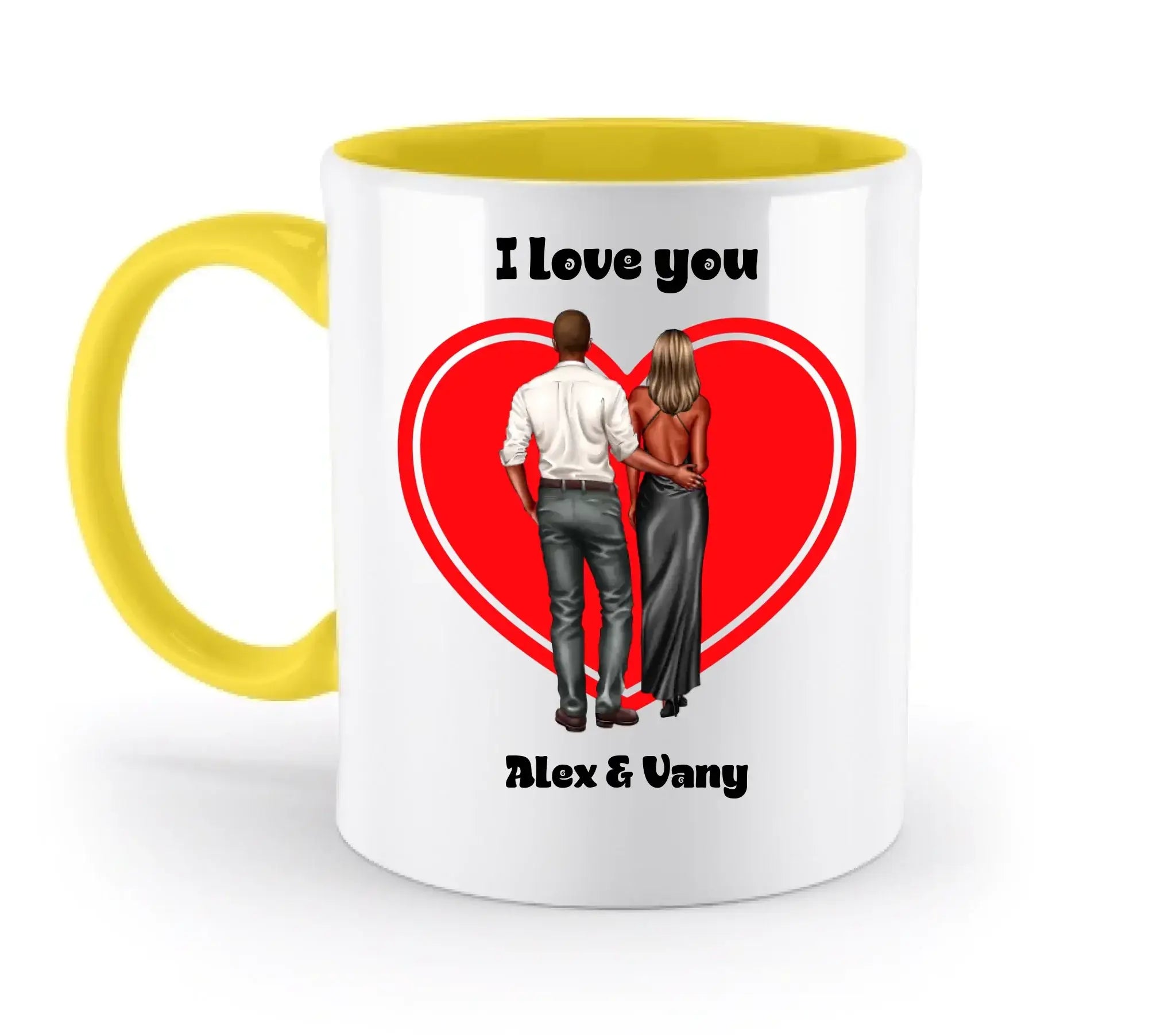 Paar-Design: Abendkleidung Couple (personalisierbare Figuren) - Zweifarbige Tasse / Yellow / 330ml - personalisierbare