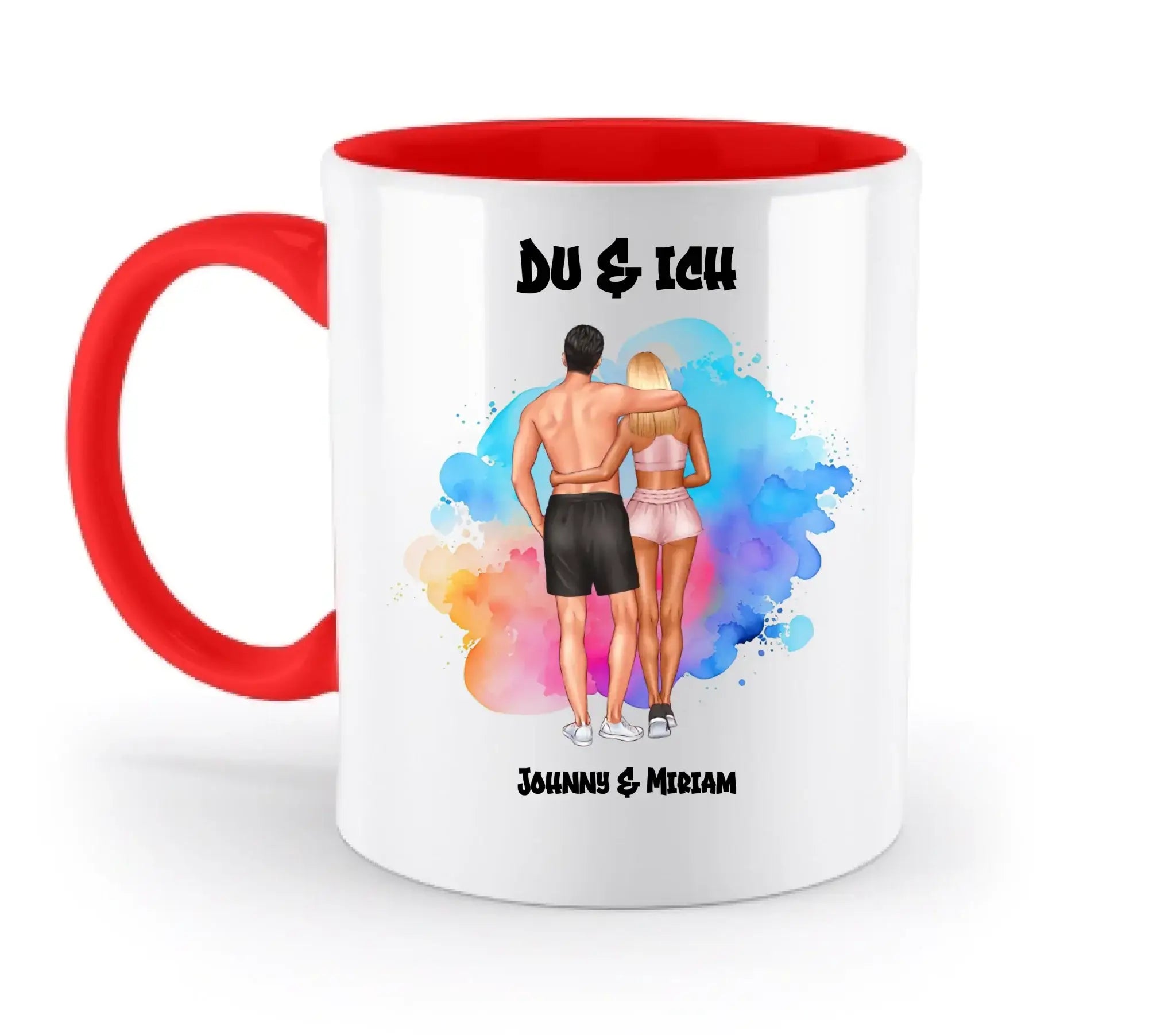 Paar-Design: Fitness Couple (personalisierbare Figuren) - Zweifarbige Tasse / Rubin-Red / 330ml - personalisierbare