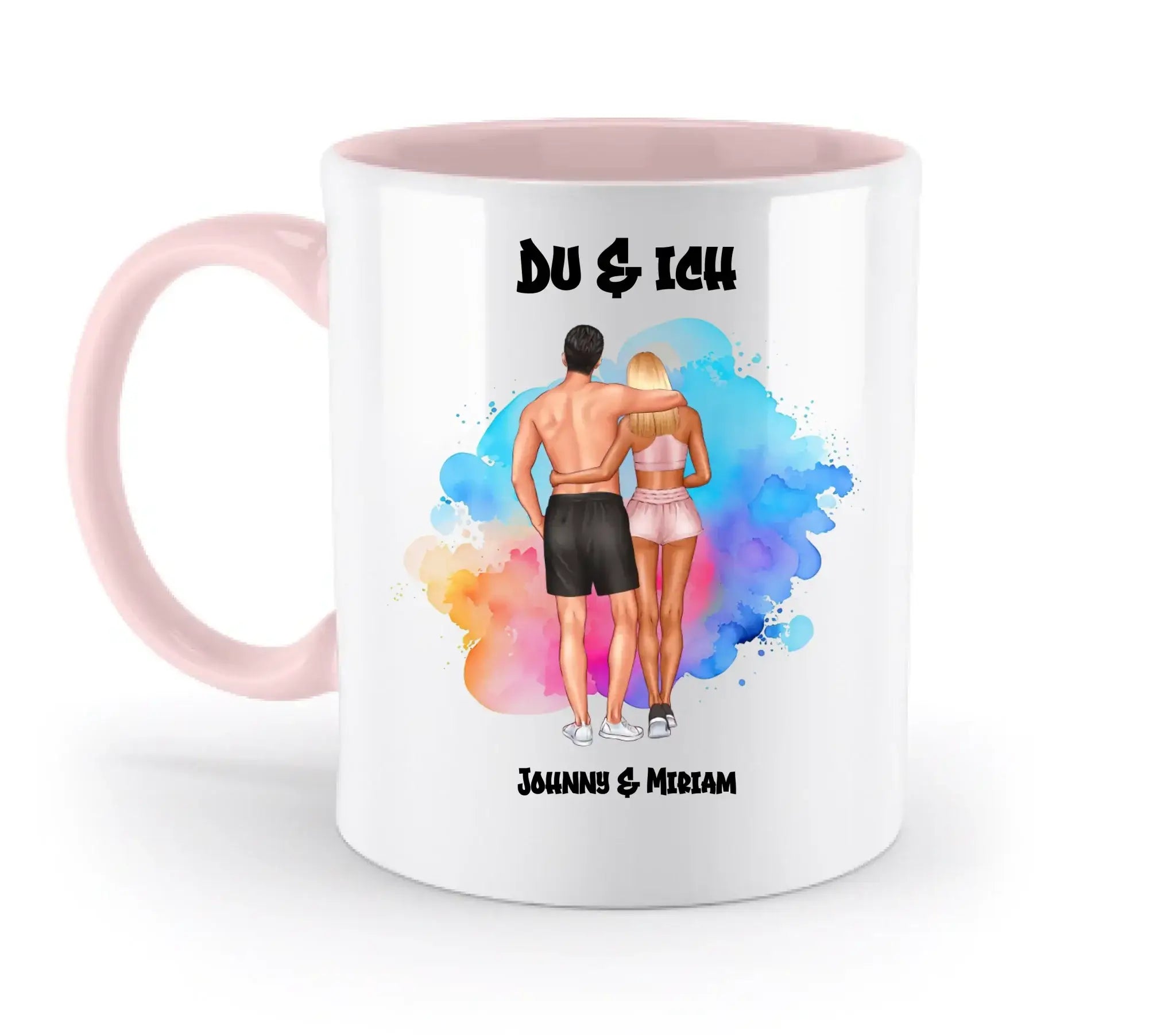 Paar-Design: Fitness Couple (personalisierbare Figuren) - Zweifarbige Tasse / Powder-Pink / 330ml - personalisierbare
