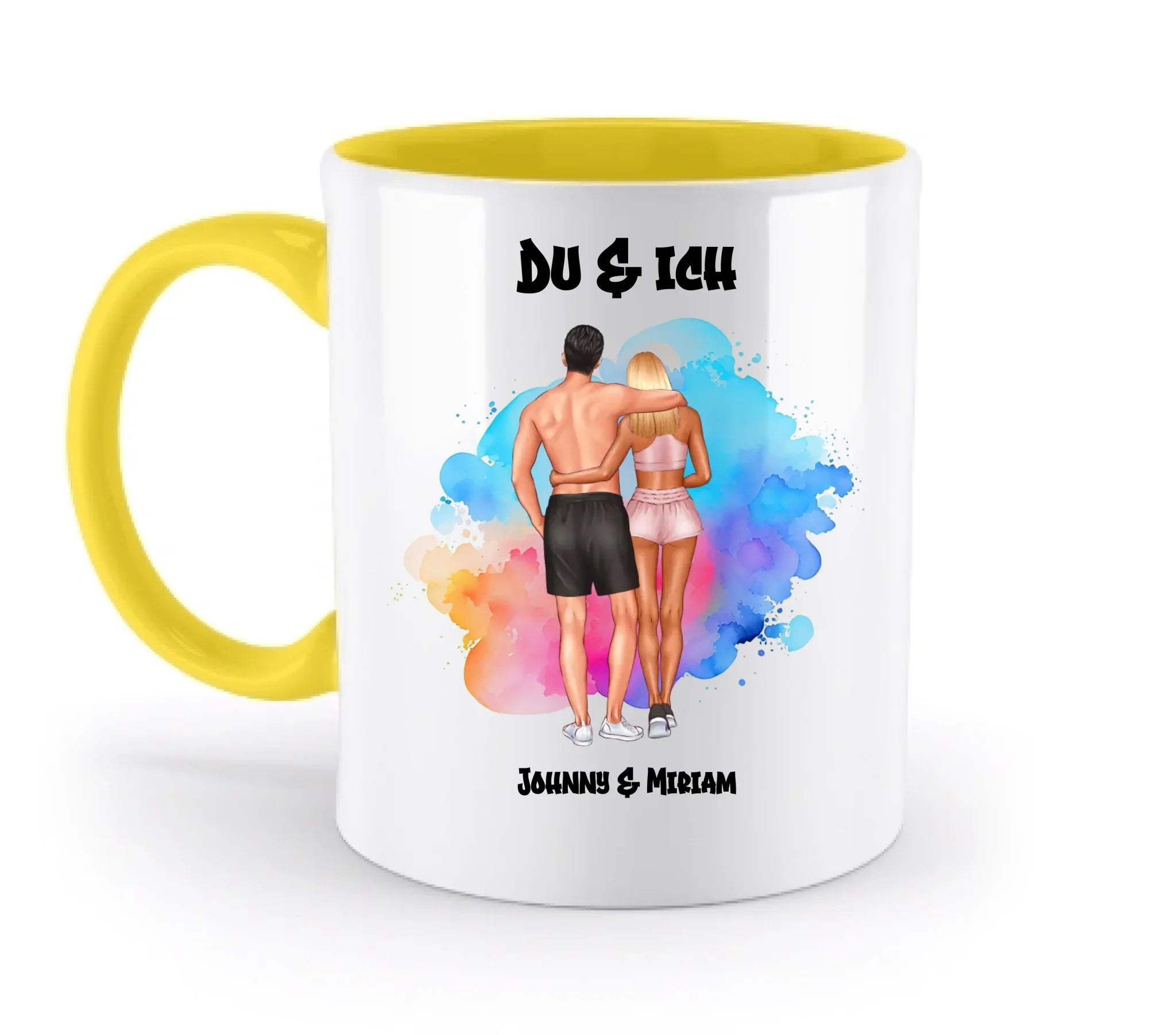 Paar-Design: Fitness Couple (personalisierbare Figuren) - Zweifarbige Tasse / Yellow / 330ml - personalisierbare Figuren