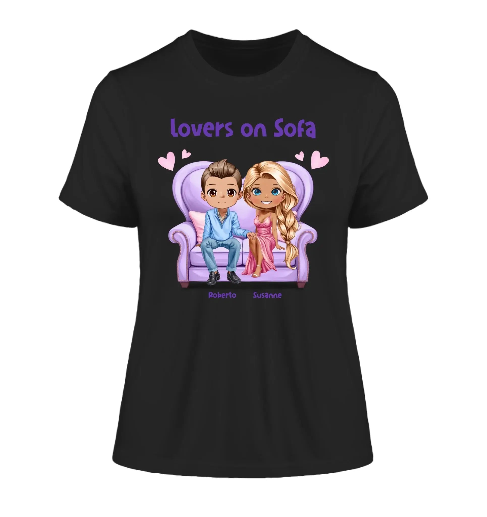Paar-Design: Lovers on Sofa mit Geschlechtswahl • (2-4 personalisierbare Figuren) - Damen T-Shirt (Fitted) • Bio