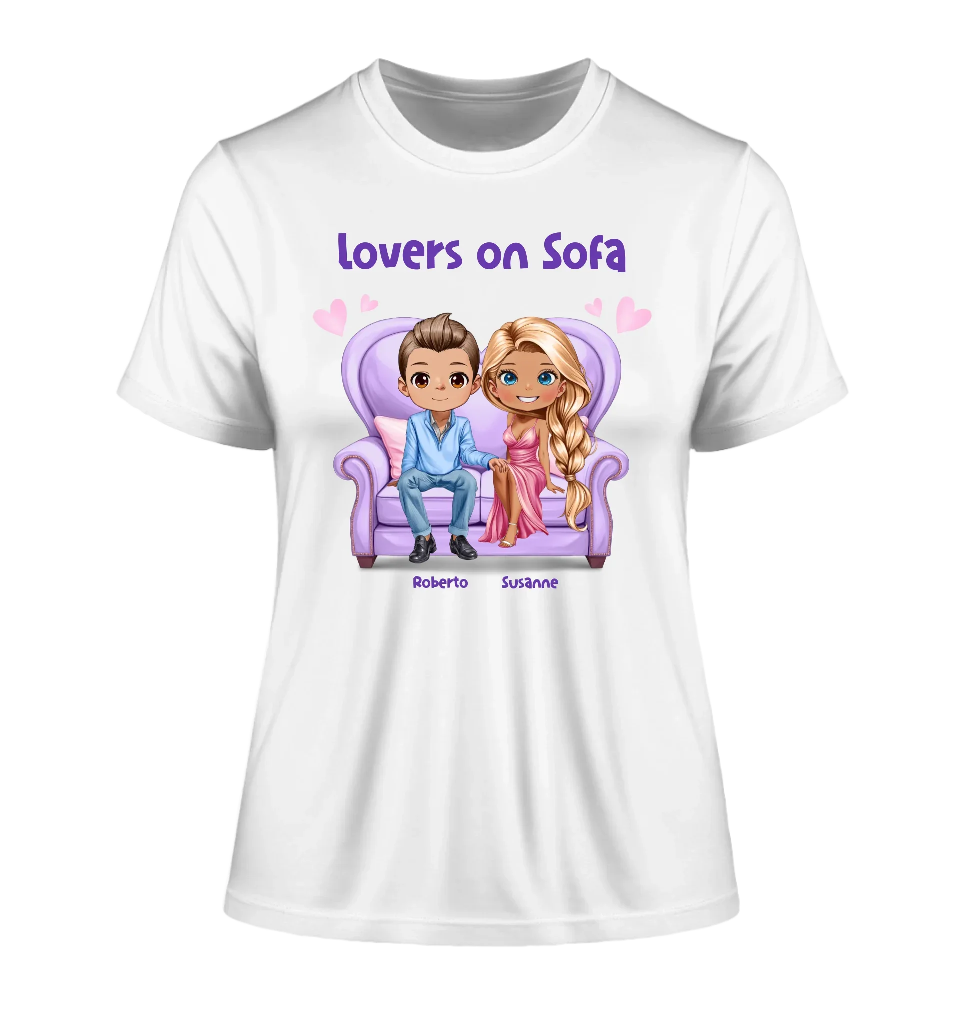 Paar-Design: Lovers on Sofa mit Geschlechtswahl • (2-4 personalisierbare Figuren) - Damen T-Shirt (Fitted) • Bio