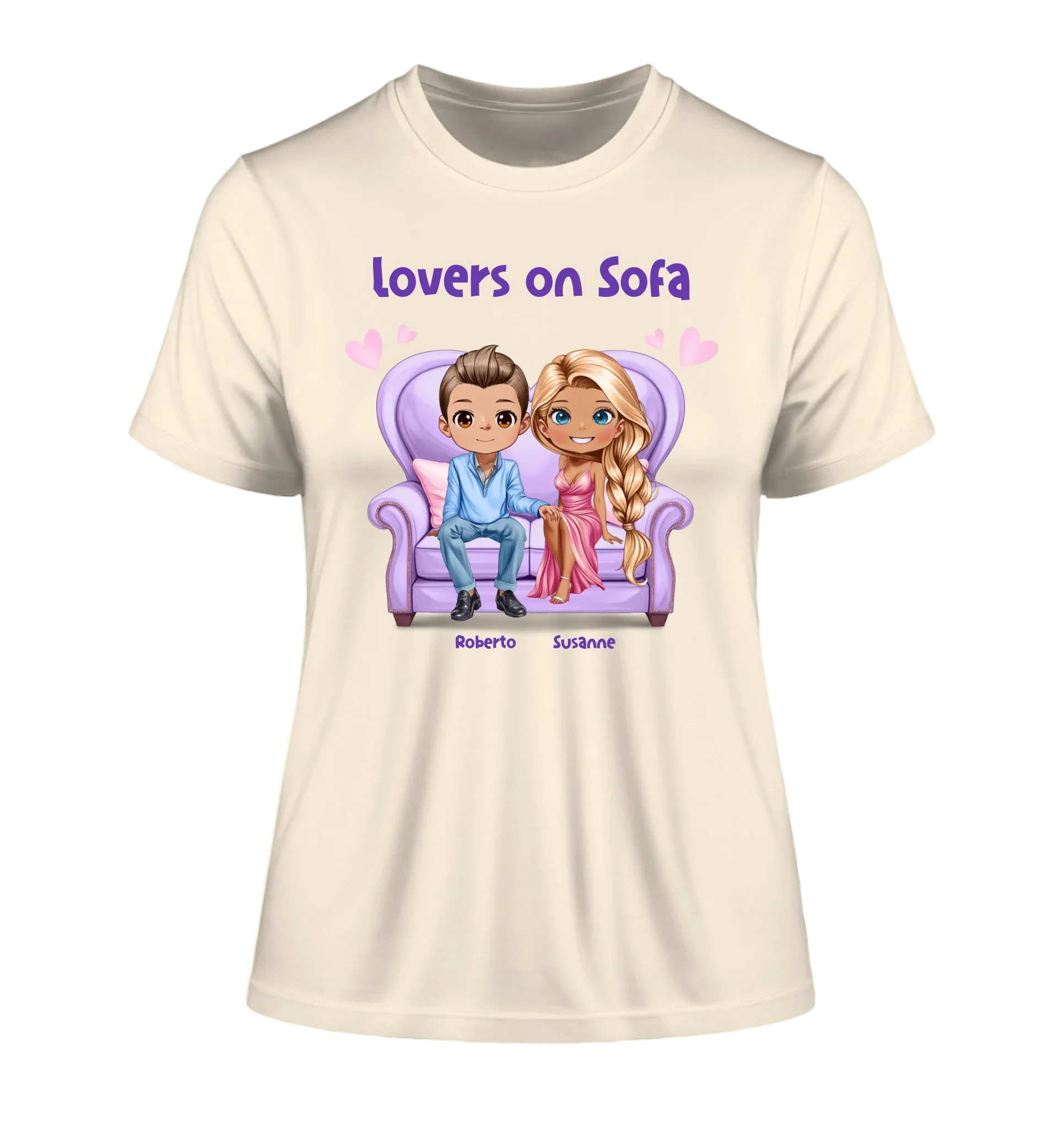 Paar-Design: Lovers on Sofa mit Geschlechtswahl • (2-4 personalisierbare Figuren) - Damen T-Shirt (Fitted) • Bio