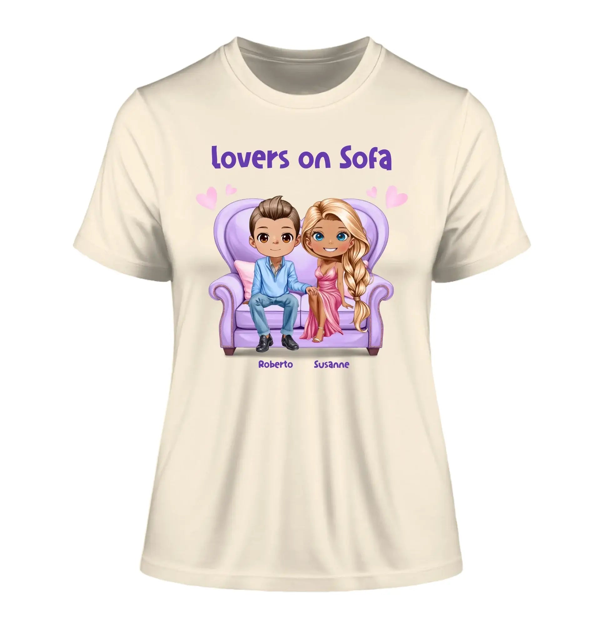 Paar-Design: Lovers on Sofa mit Geschlechtswahl • (2-4 personalisierbare Figuren) - Damen T-Shirt (Fitted) • Bio