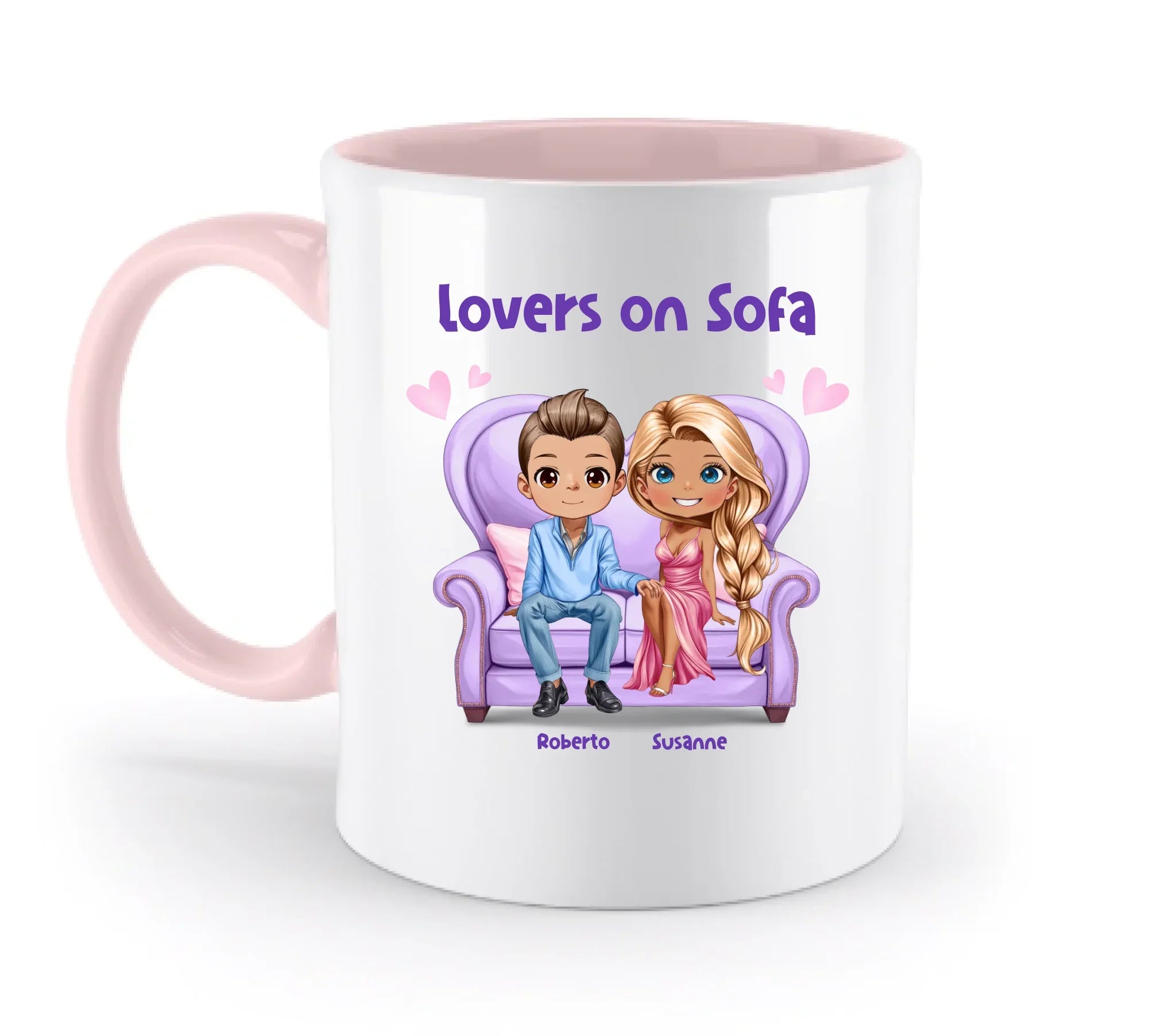 Paar-Design: Lovers on Sofa mit Geschlechtswahl • (2-4 personalisierbare Figuren) - Zweifarbige Tasse / Powder-Pink