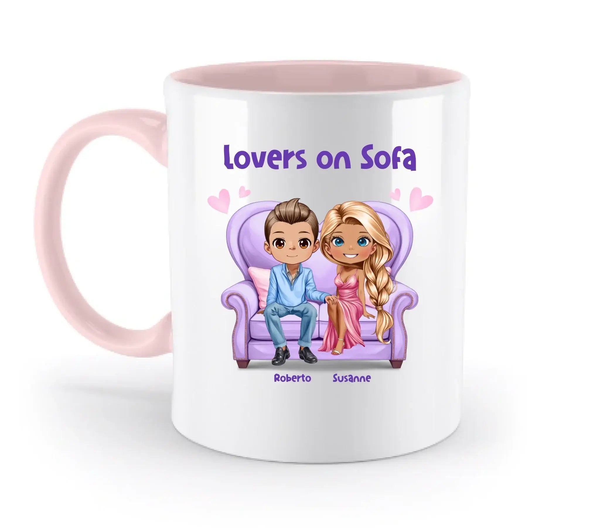 Paar-Design: Lovers on Sofa mit Geschlechtswahl • (2-4 personalisierbare Figuren) - Zweifarbige Tasse / Powder-Pink