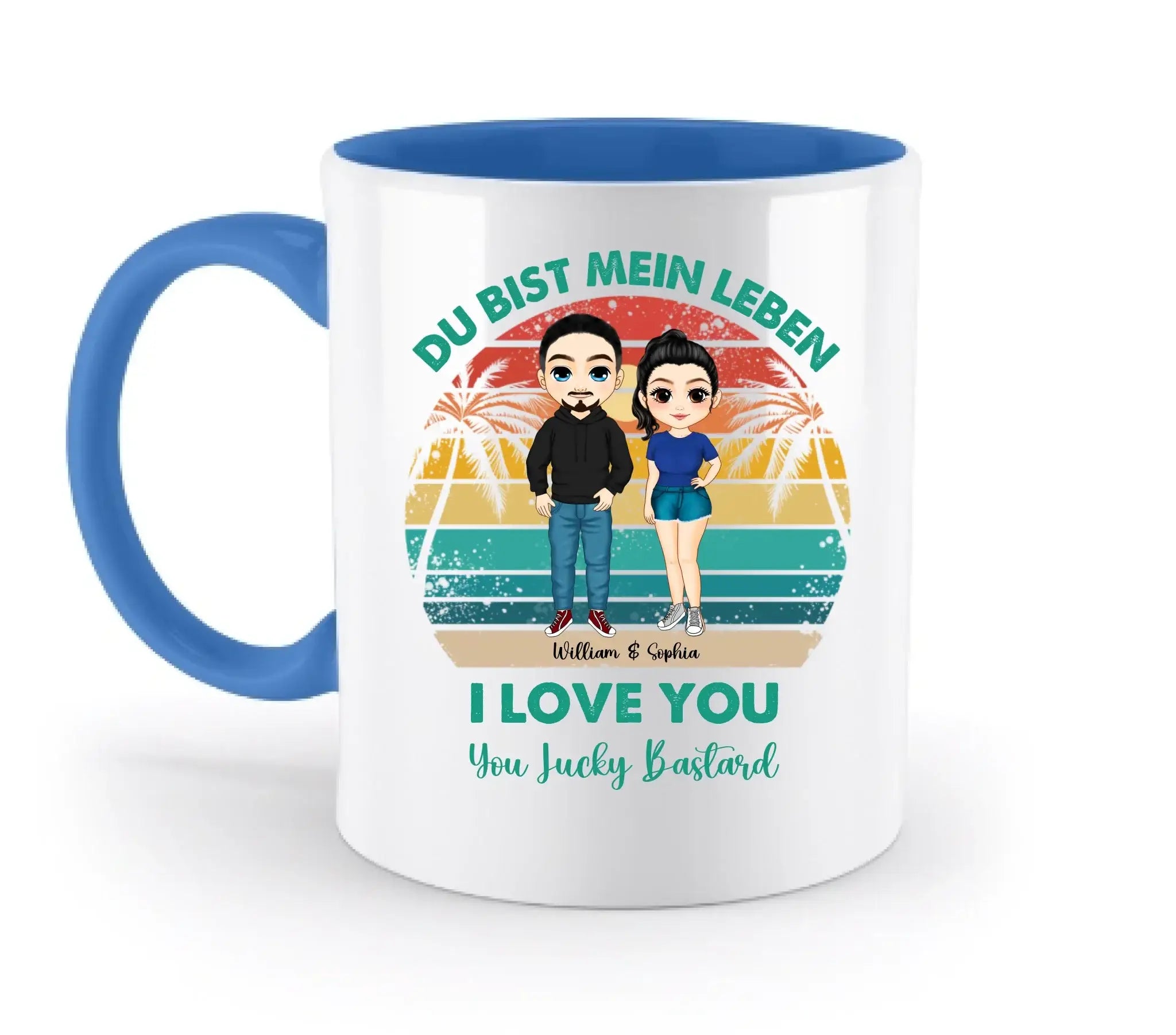 Paar-Design: Retro Palmen Couple (personalisierbare Figuren) - Zweifarbige Tasse / Blue / 330ml - personalisierbare